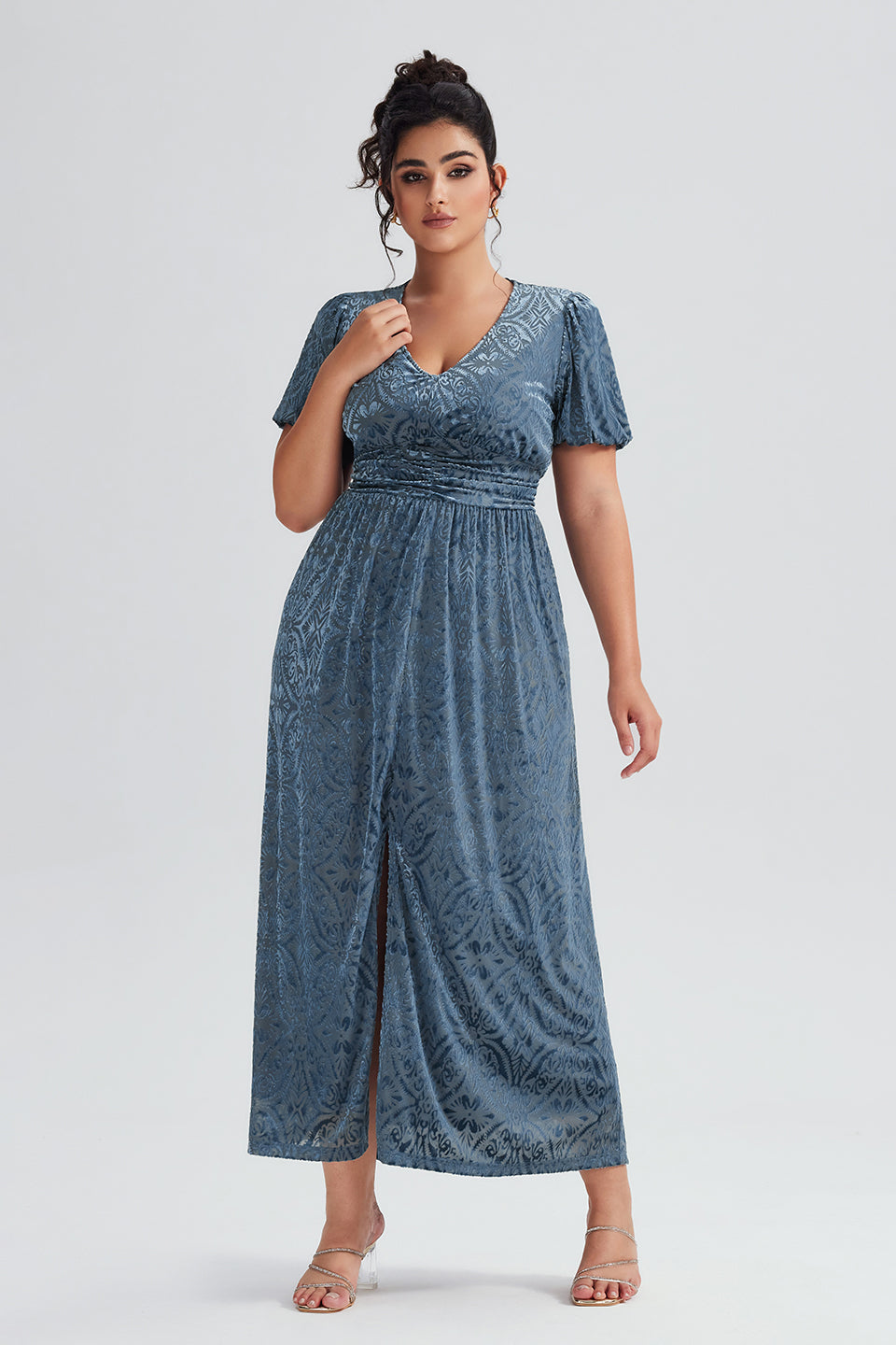Vanessi Plus Size V-Neck Velvet Plain Maxi Dress