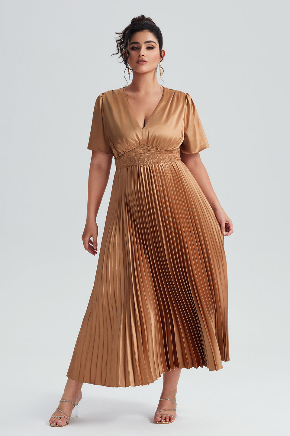 Vanessi Plus Size Satin Ruched Elegant V-Neck Maxi Dress