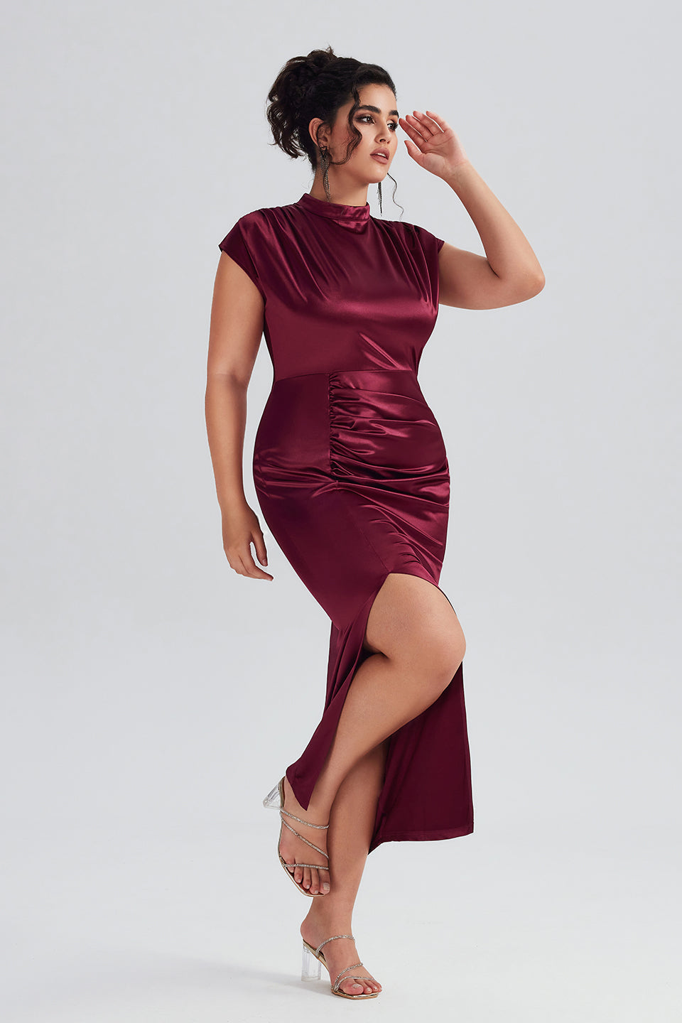 Vanessi Plus Size Satin High-Waisted Ruched Slit Maxi Dress