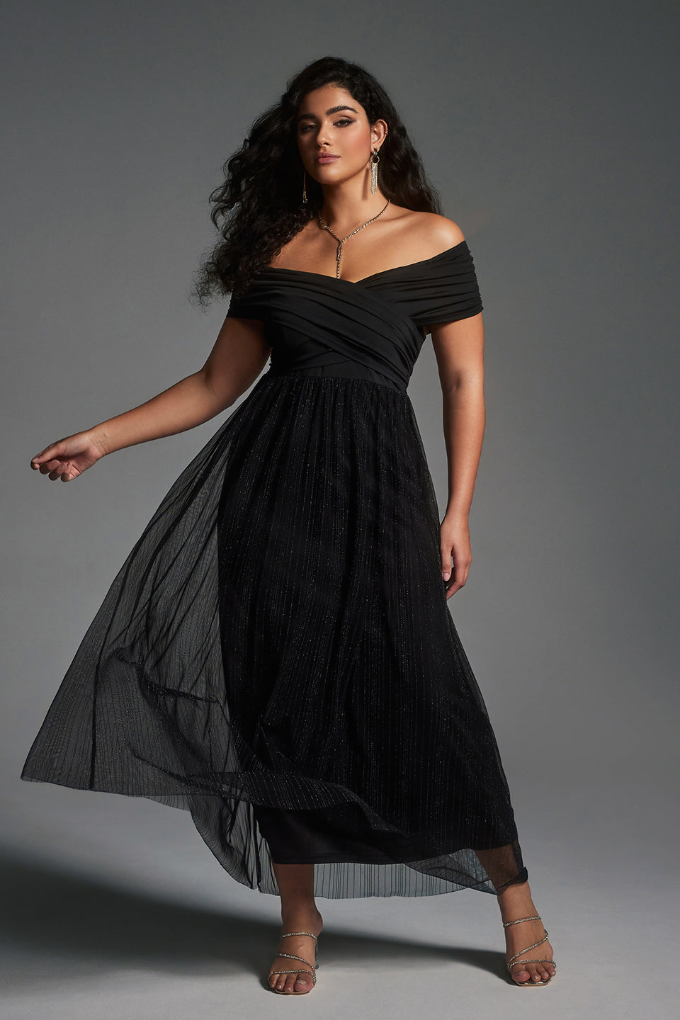 Vanessi Plus Size Patchwork Mesh Off Shoulder Maxi Dress