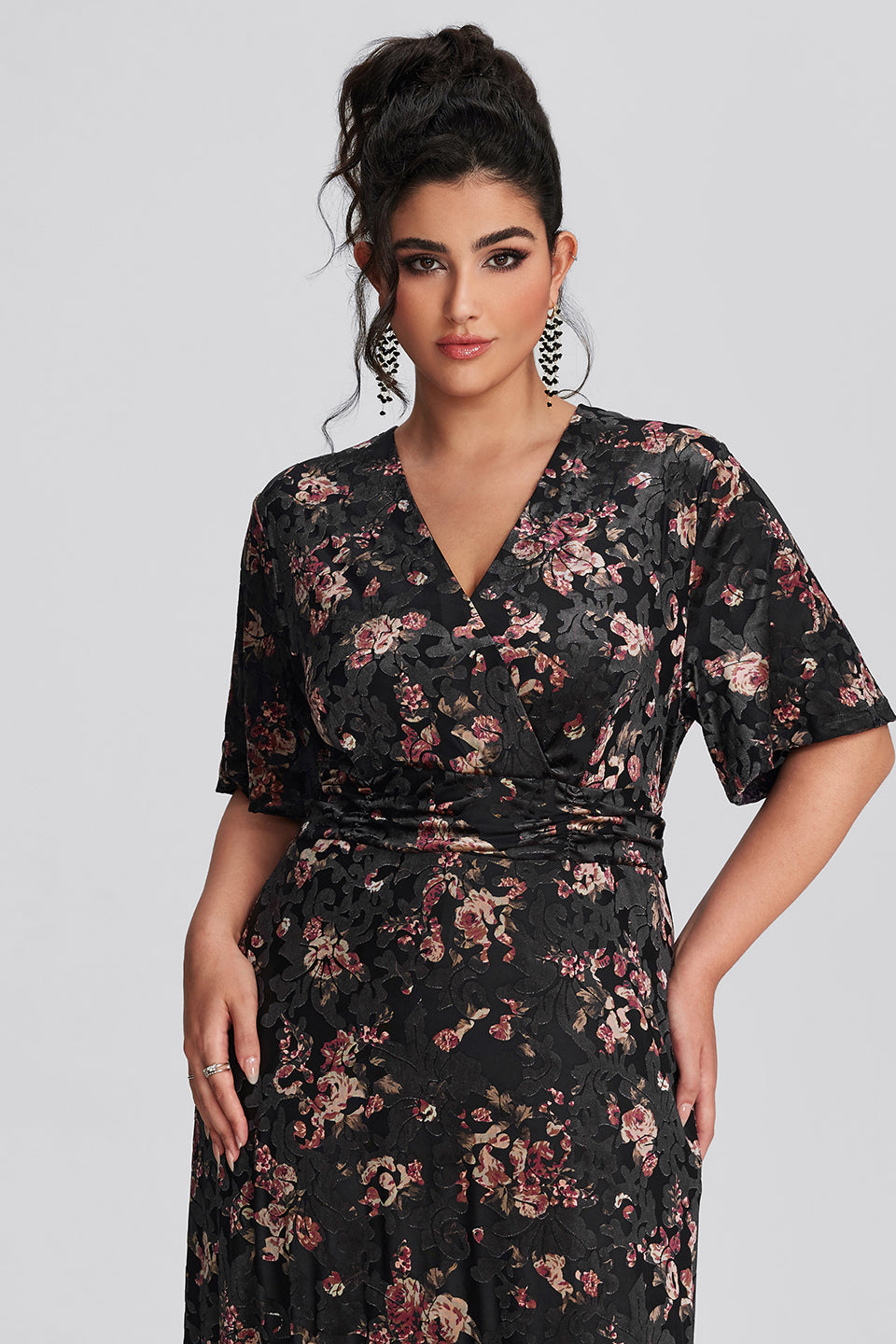 Vanessi Plus Size Velvet Surplice Vintage Plain Maxi Dress