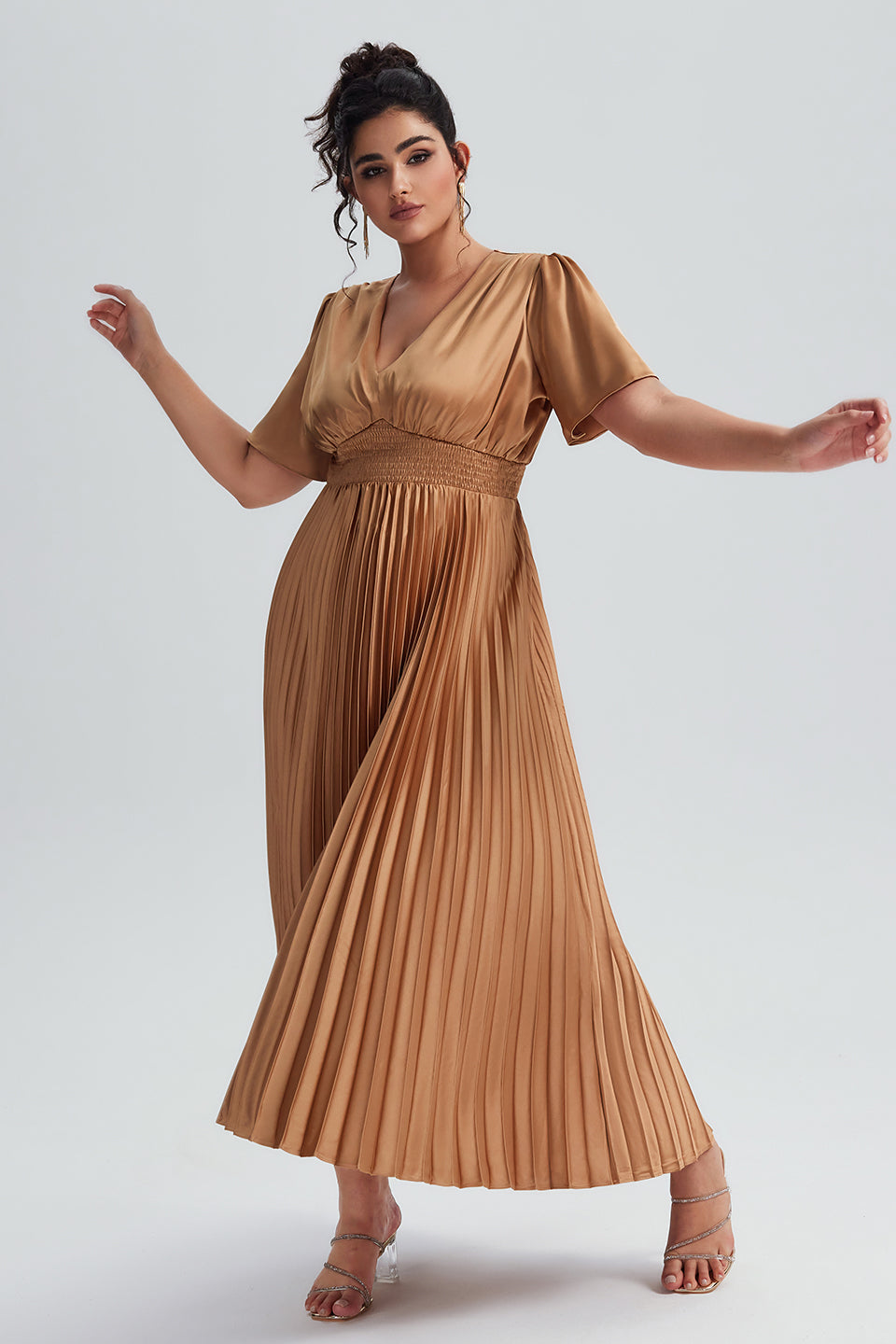 Vanessi Plus Size Satin Ruched Elegant V-Neck Maxi Dress