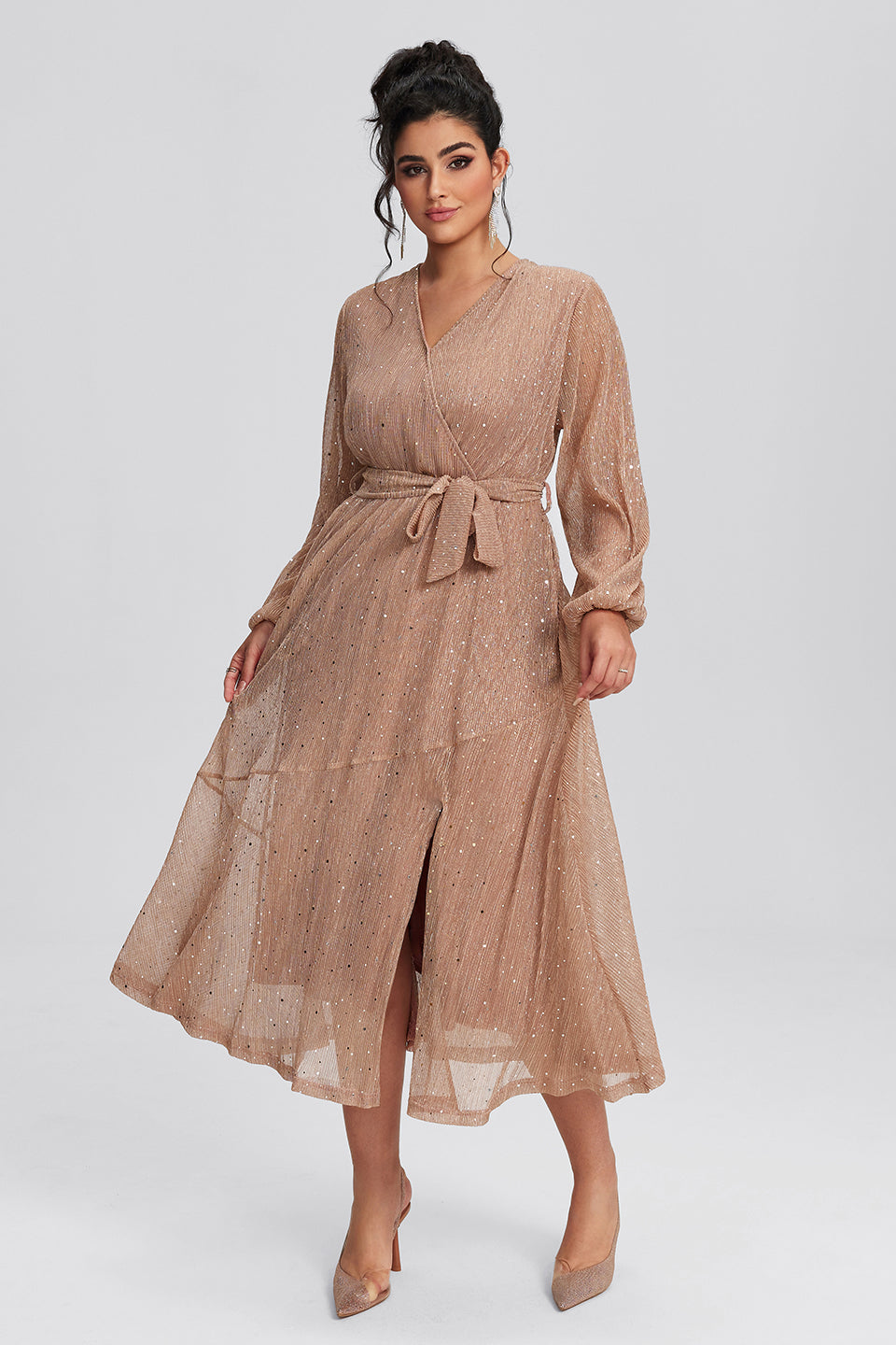Vanessi Plus Size Mesh Wrap Spilt Wedding Midi Dress