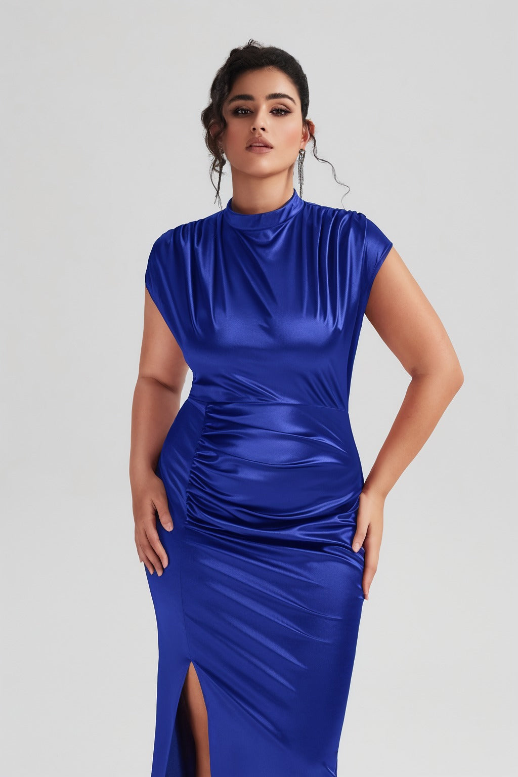 Vanessi Plus Size Satin High-Waisted Ruched Slit Maxi Dress