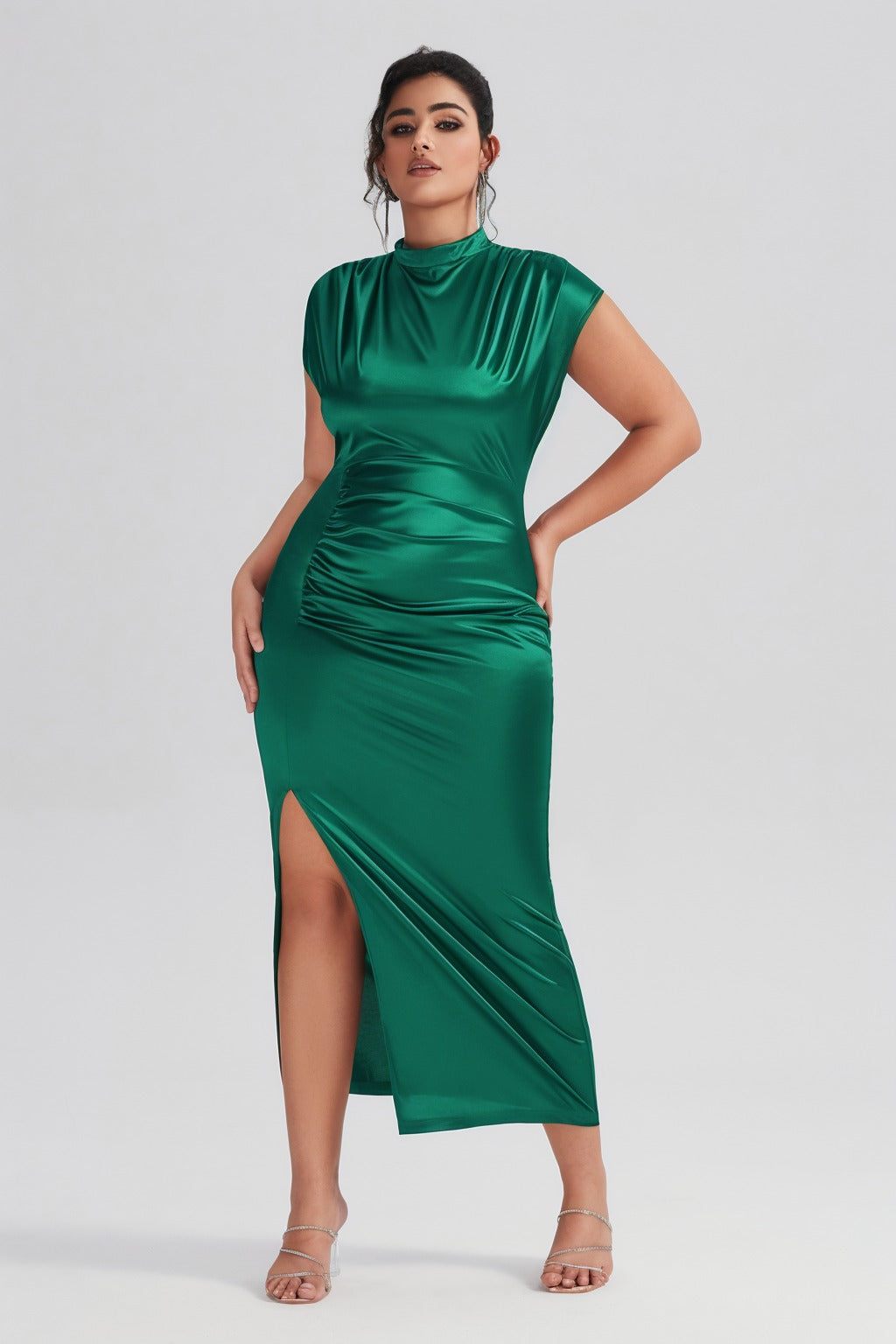 Vanessi Plus Size Satin High-Waisted Ruched Slit Maxi Dress