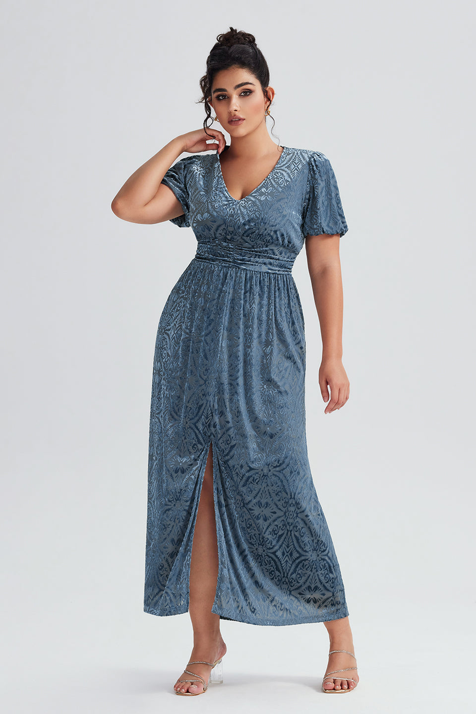 Vanessi Plus Size V-Neck Velvet Plain Maxi Dress