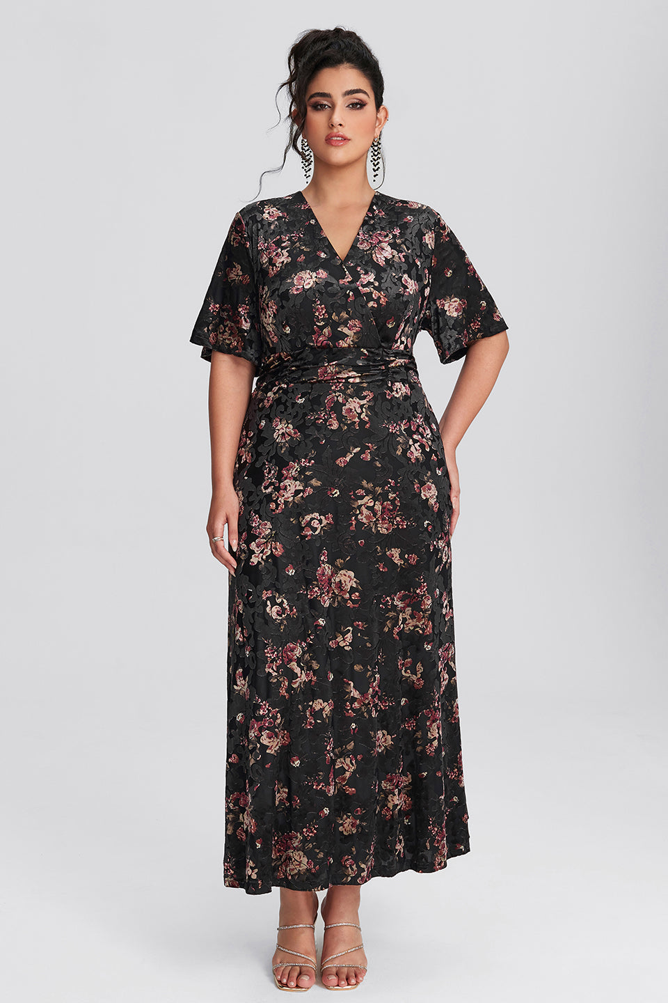 Vanessi Plus Size Velvet Surplice Vintage Plain Maxi Dress