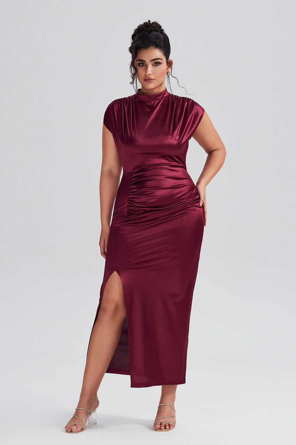 Vanessi Plus Size Satin High-Waisted Ruched Slit Maxi Dress