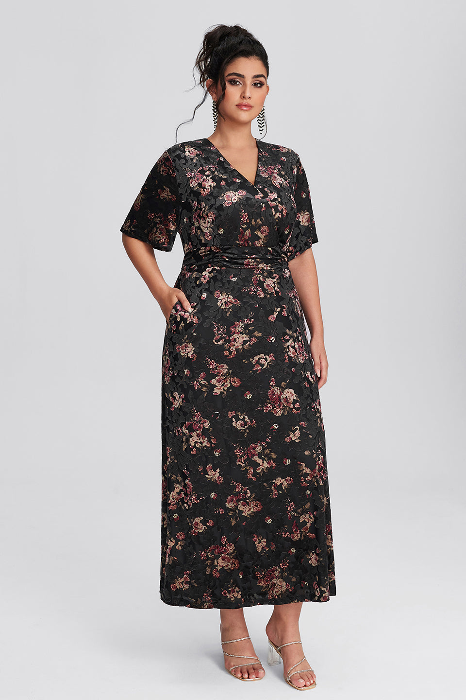 Vanessi Plus Size Velvet Surplice Vintage Plain Maxi Dress