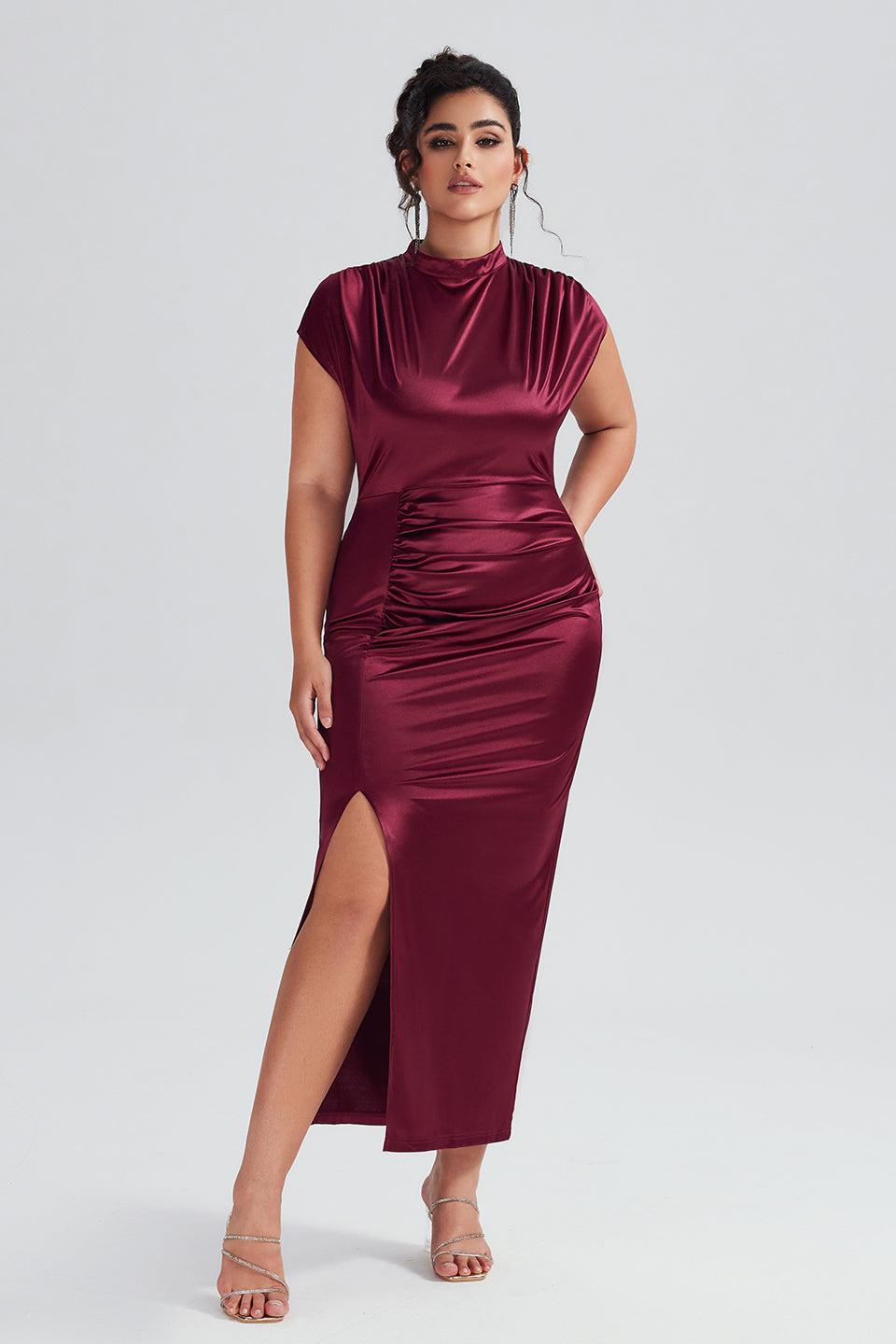Vanessi Plus Size Satin High-Waisted Ruched Slit Maxi Dress
