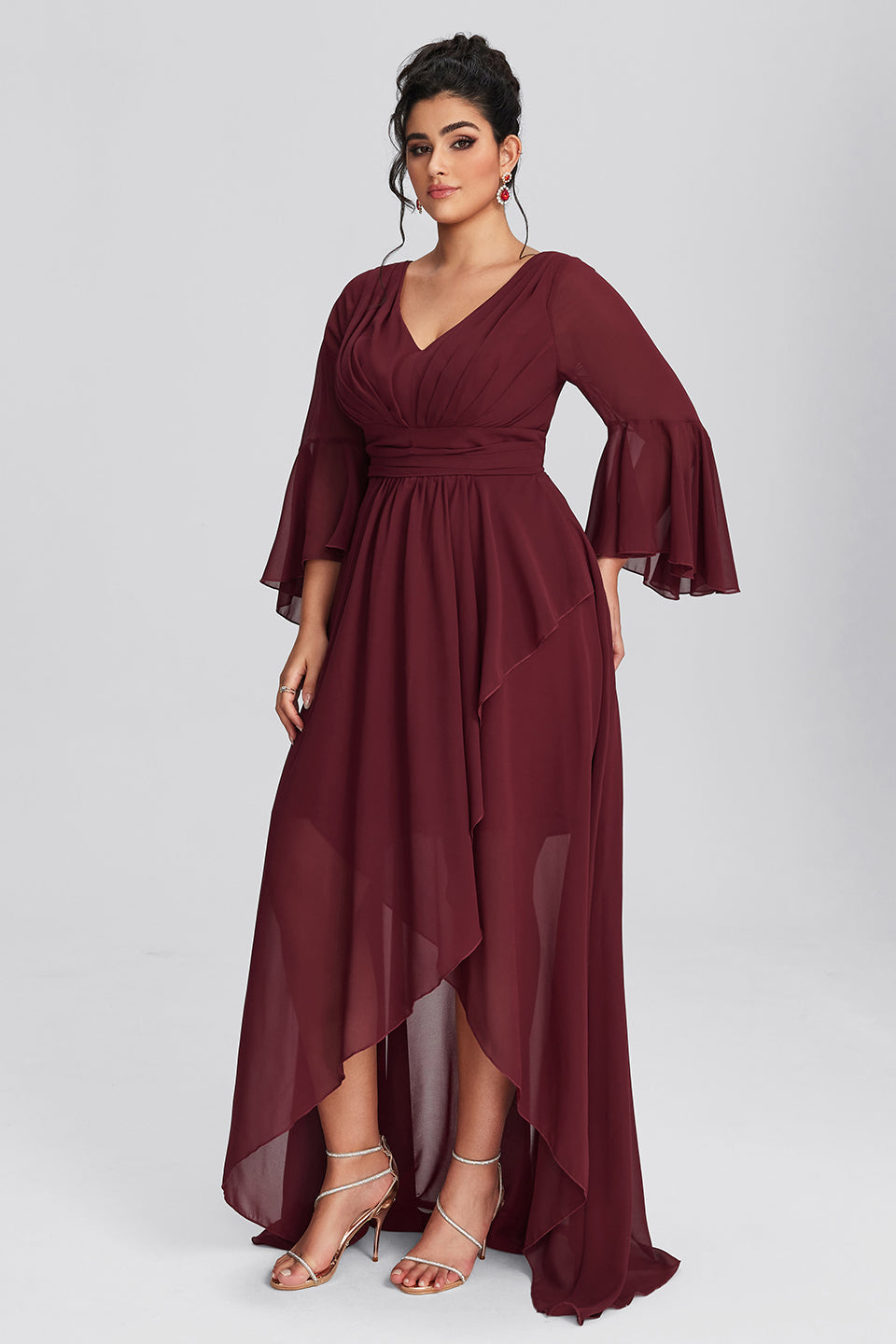 Vanessi Plus Size V-Neck Asymmetric Hem Elegant Long Sleeve Dress