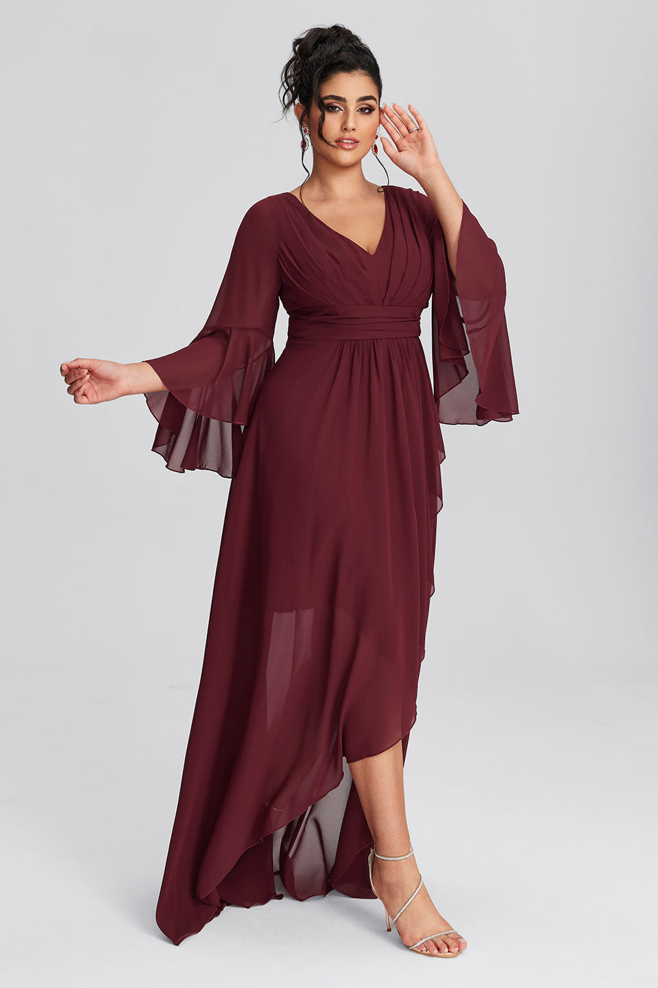Vanessi Plus Size V-Neck Asymmetric Hem Elegant Long Sleeve Dress
