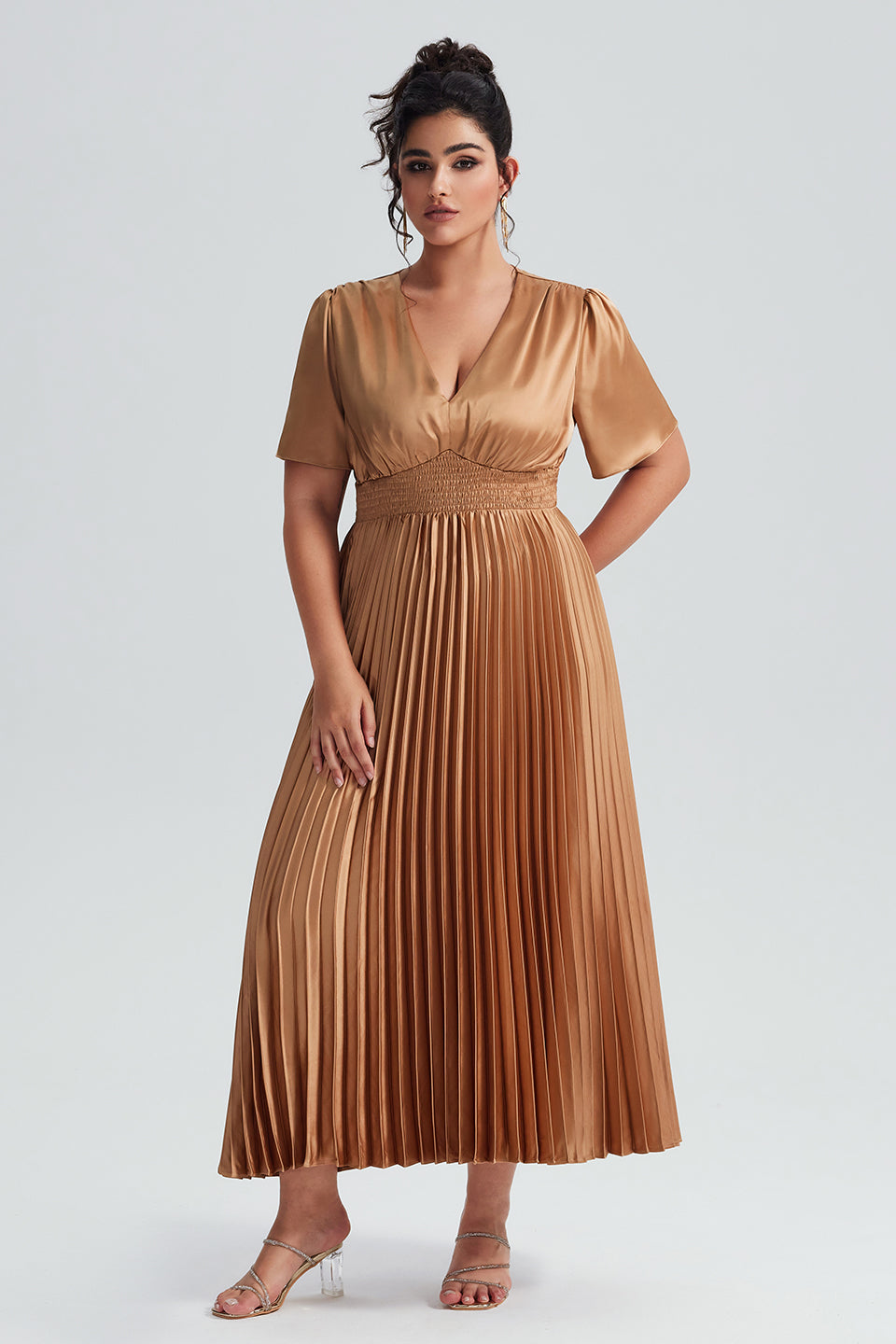 Vanessi Plus Size Satin Ruched Elegant V-Neck Maxi Dress