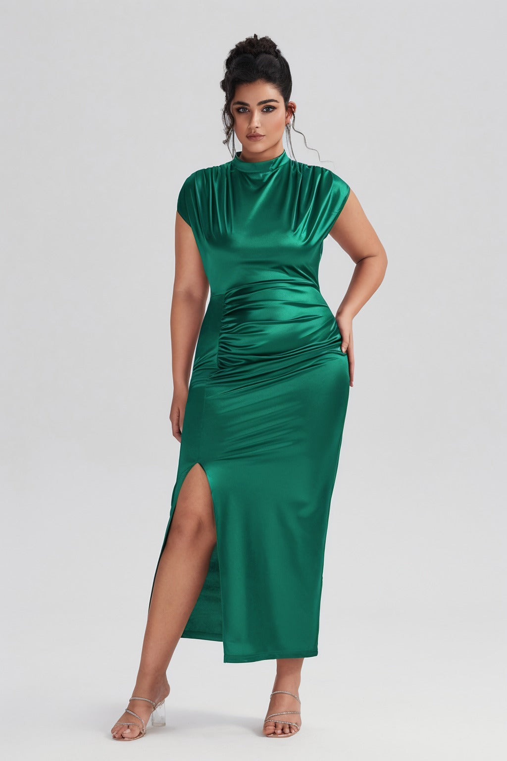 Vanessi Plus Size Satin High-Waisted Ruched Slit Maxi Dress