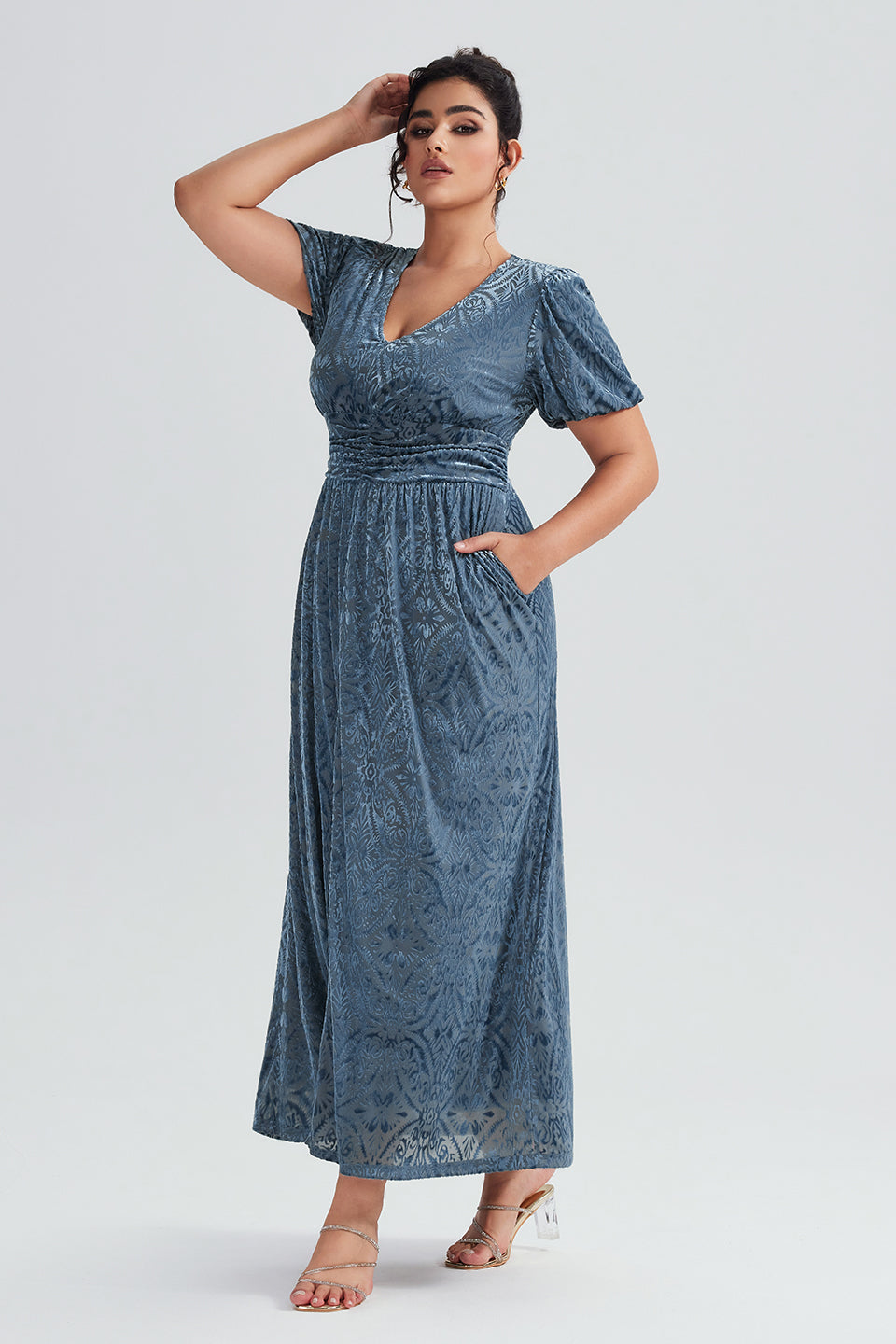 Vanessi Plus Size V-Neck Velvet Plain Maxi Dress