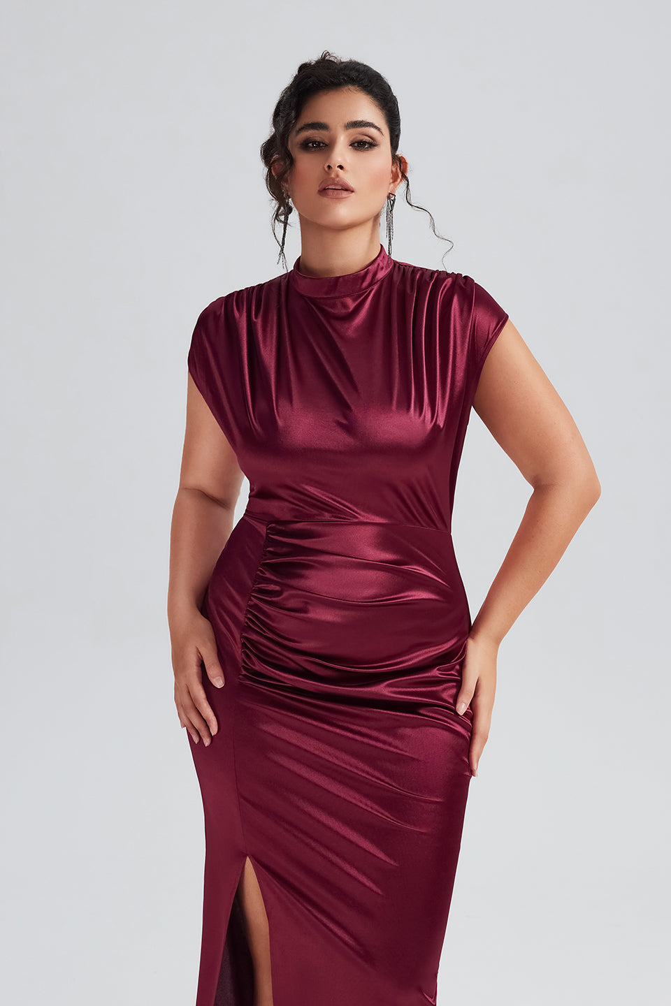 Vanessi Plus Size Satin High-Waisted Ruched Slit Maxi Dress