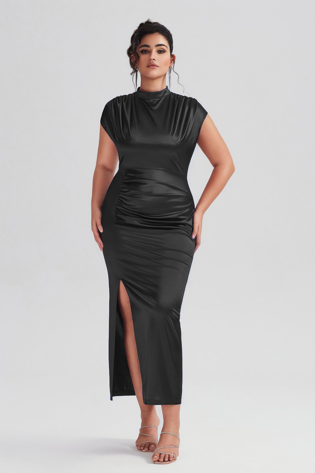 Vanessi Plus Size Satin High-Waisted Ruched Slit Maxi Dress