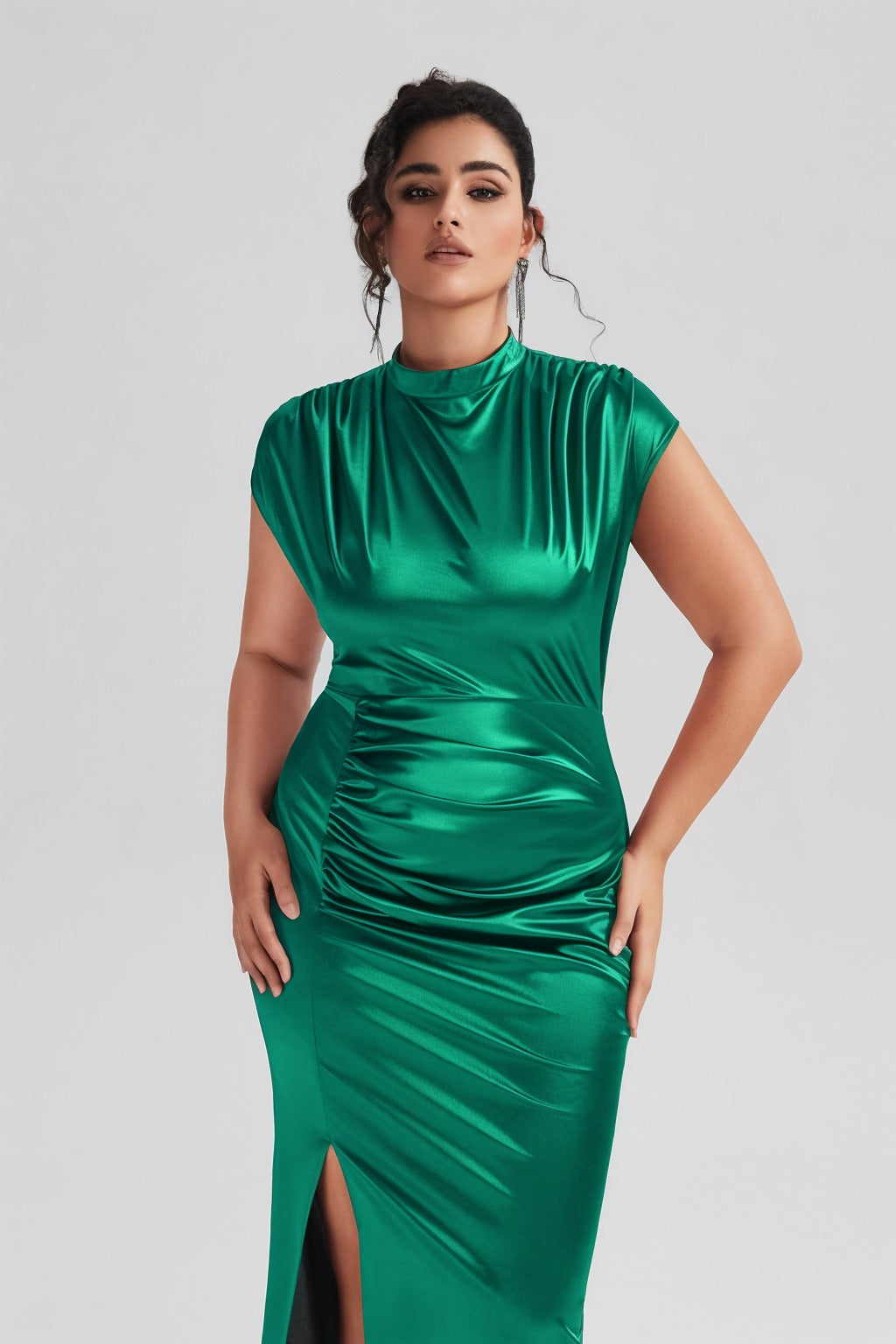 Vanessi Plus Size Satin High-Waisted Ruched Slit Maxi Dress