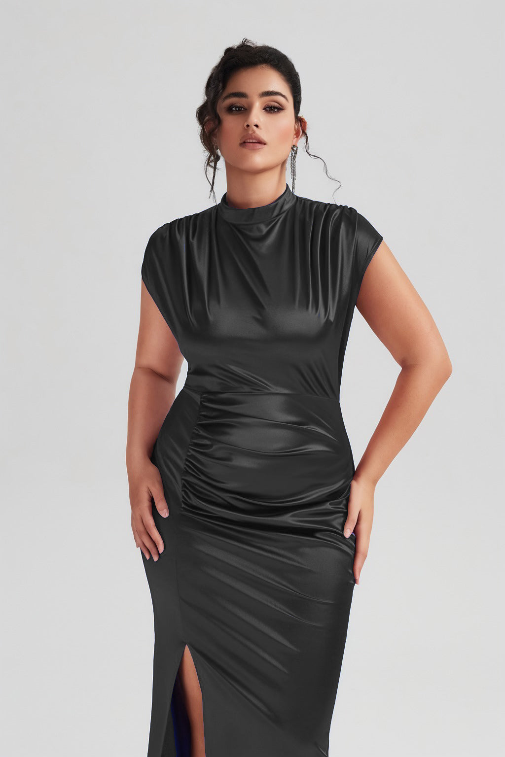 Vanessi Plus Size Satin High-Waisted Ruched Slit Maxi Dress
