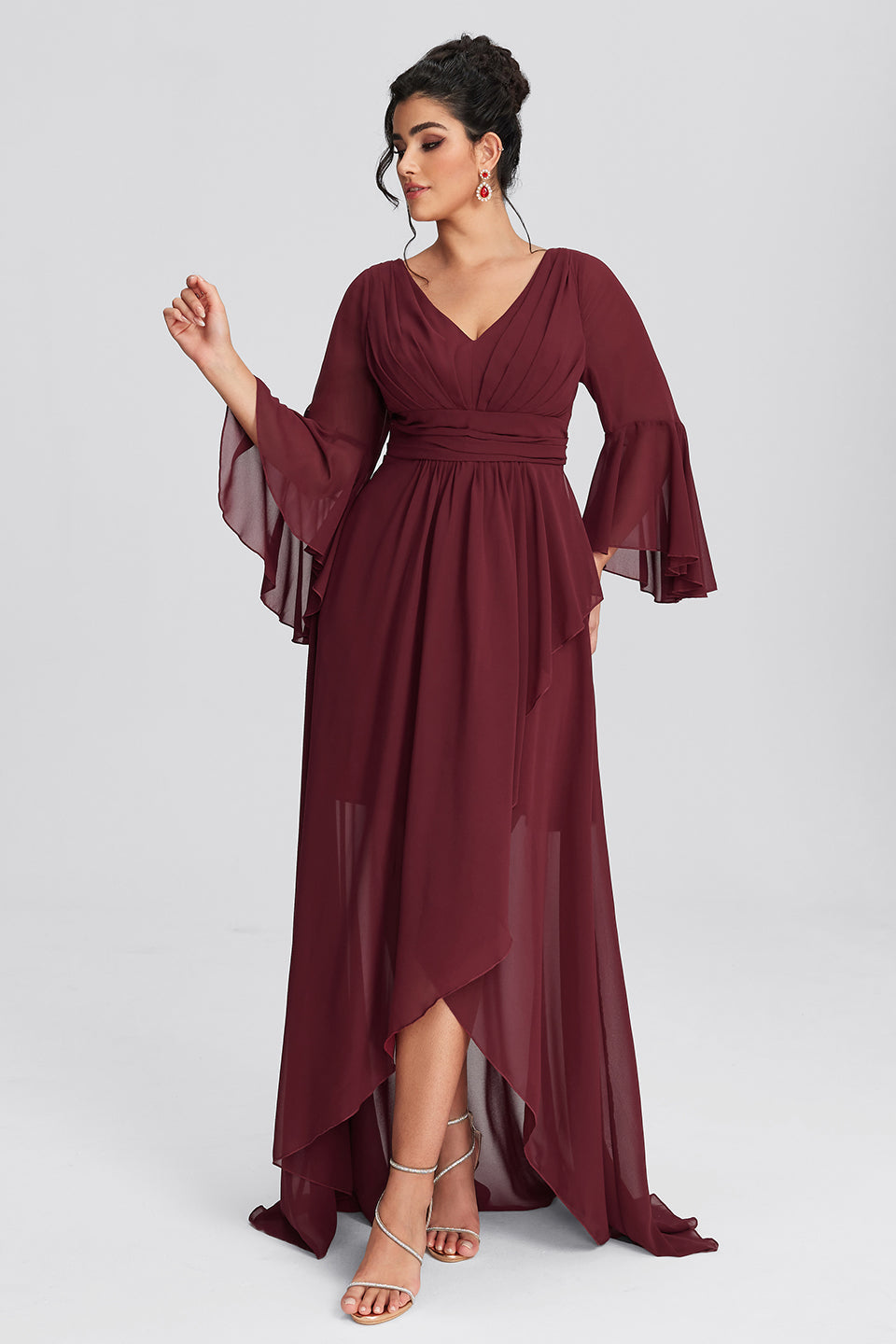 Vanessi Plus Size V-Neck Asymmetric Hem Elegant Long Sleeve Dress