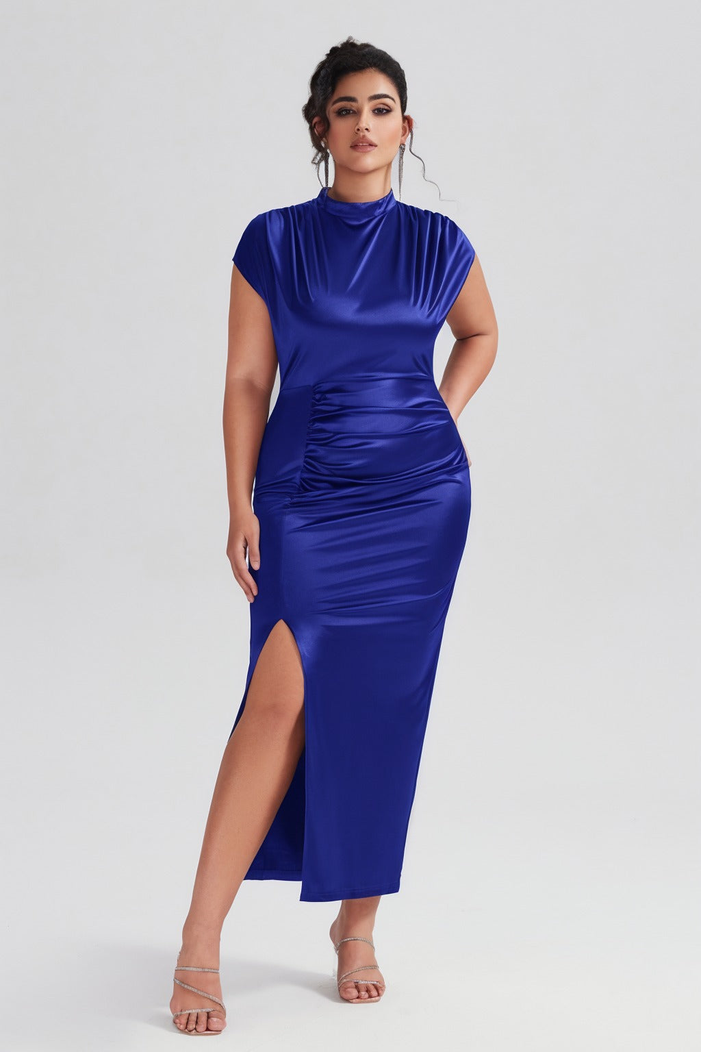 Vanessi Plus Size Satin High-Waisted Ruched Slit Maxi Dress