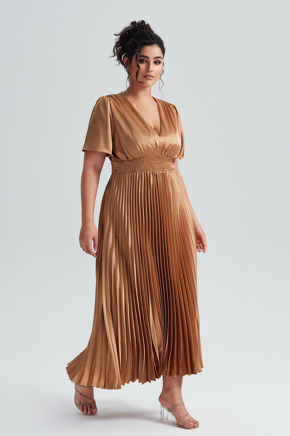 Vanessi Plus Size Satin Ruched Elegant V-Neck Maxi Dress