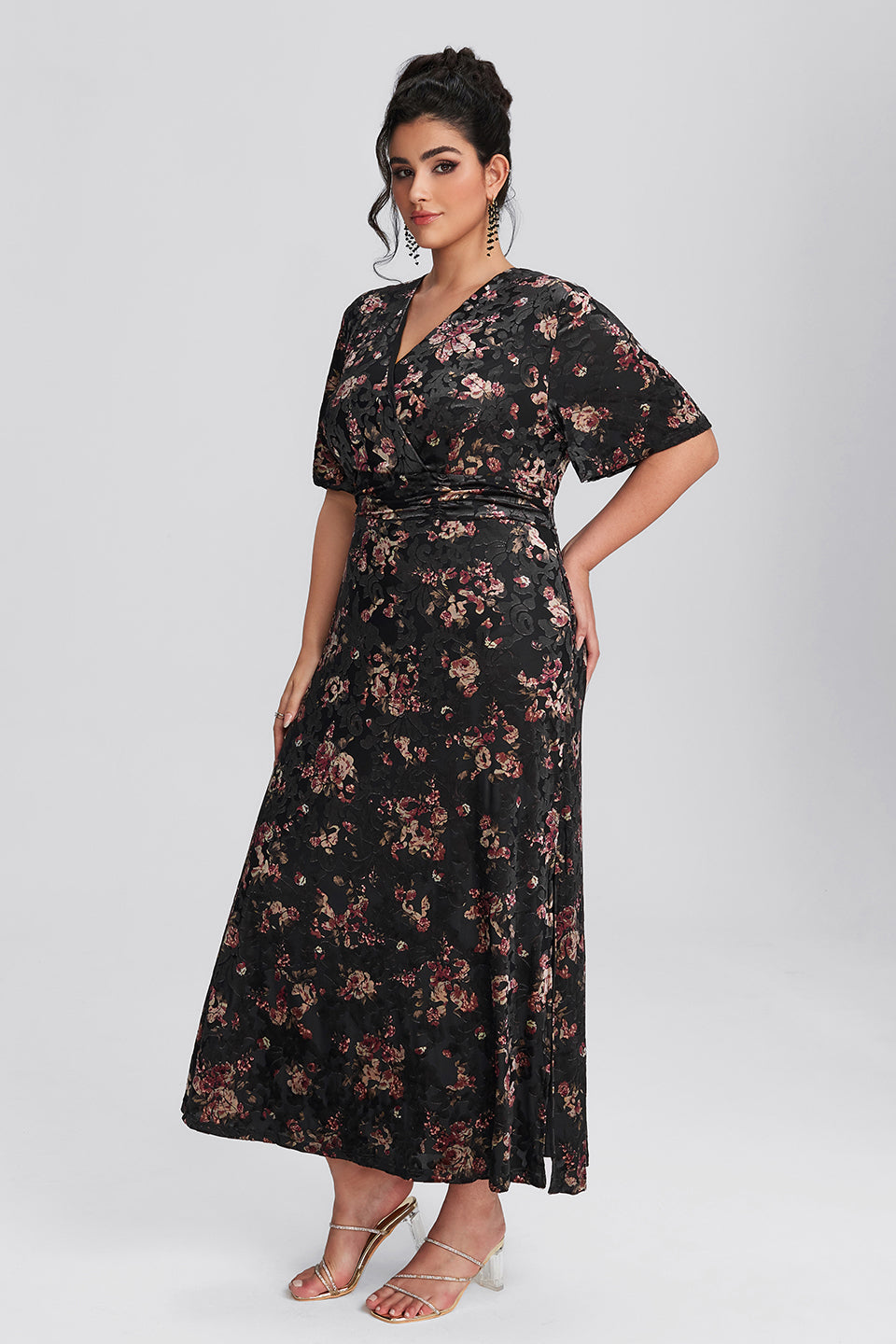 Vanessi Plus Size Velvet Surplice Vintage Plain Maxi Dress