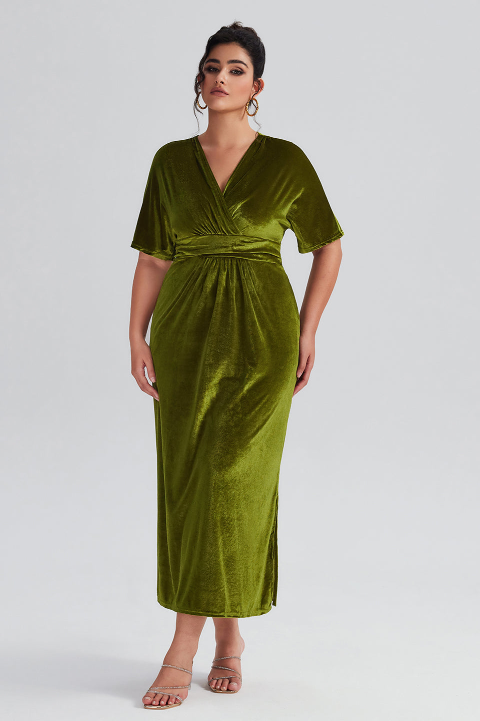 Vanessi Plus Size Elegant Velvet V-Neck Shirred Maxi Dress