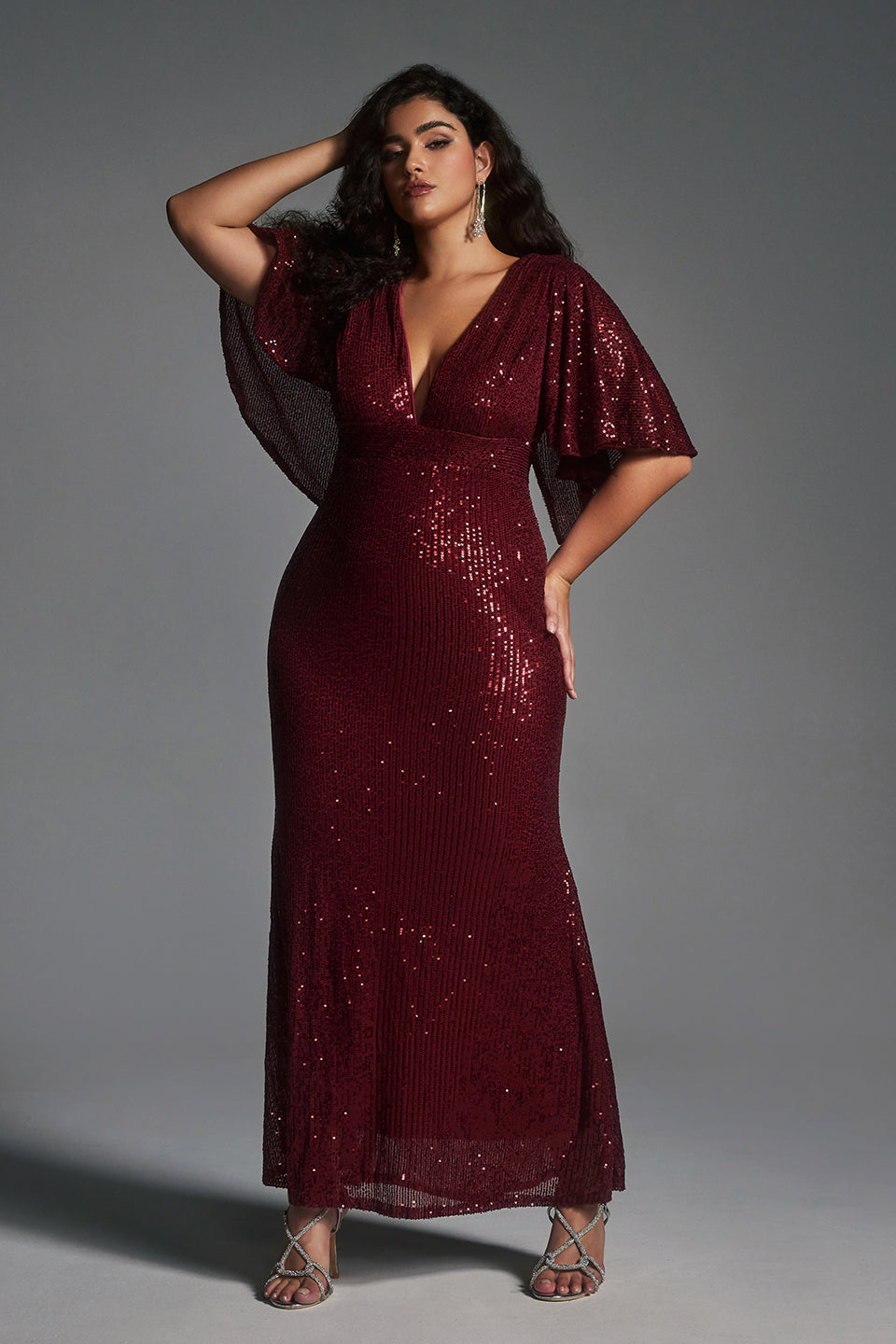 Vanessi Plus Size Batwing Sleeve Sequin Sexy Bodycon Maxi Dress