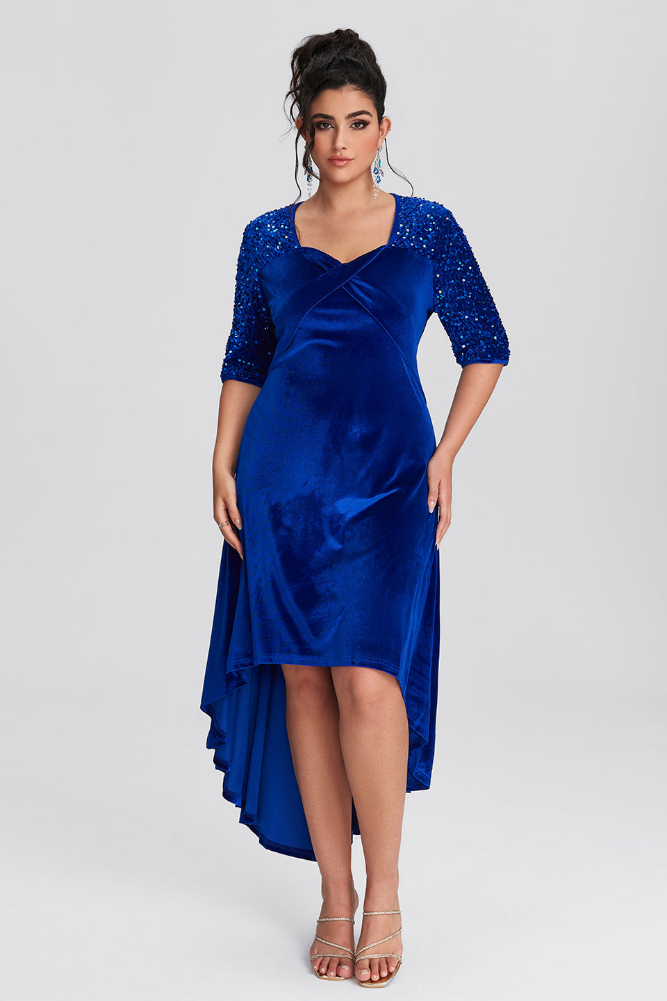 Vanessi Plus Size Asymmetric Hem Velvet Maxi Dress With Sequin