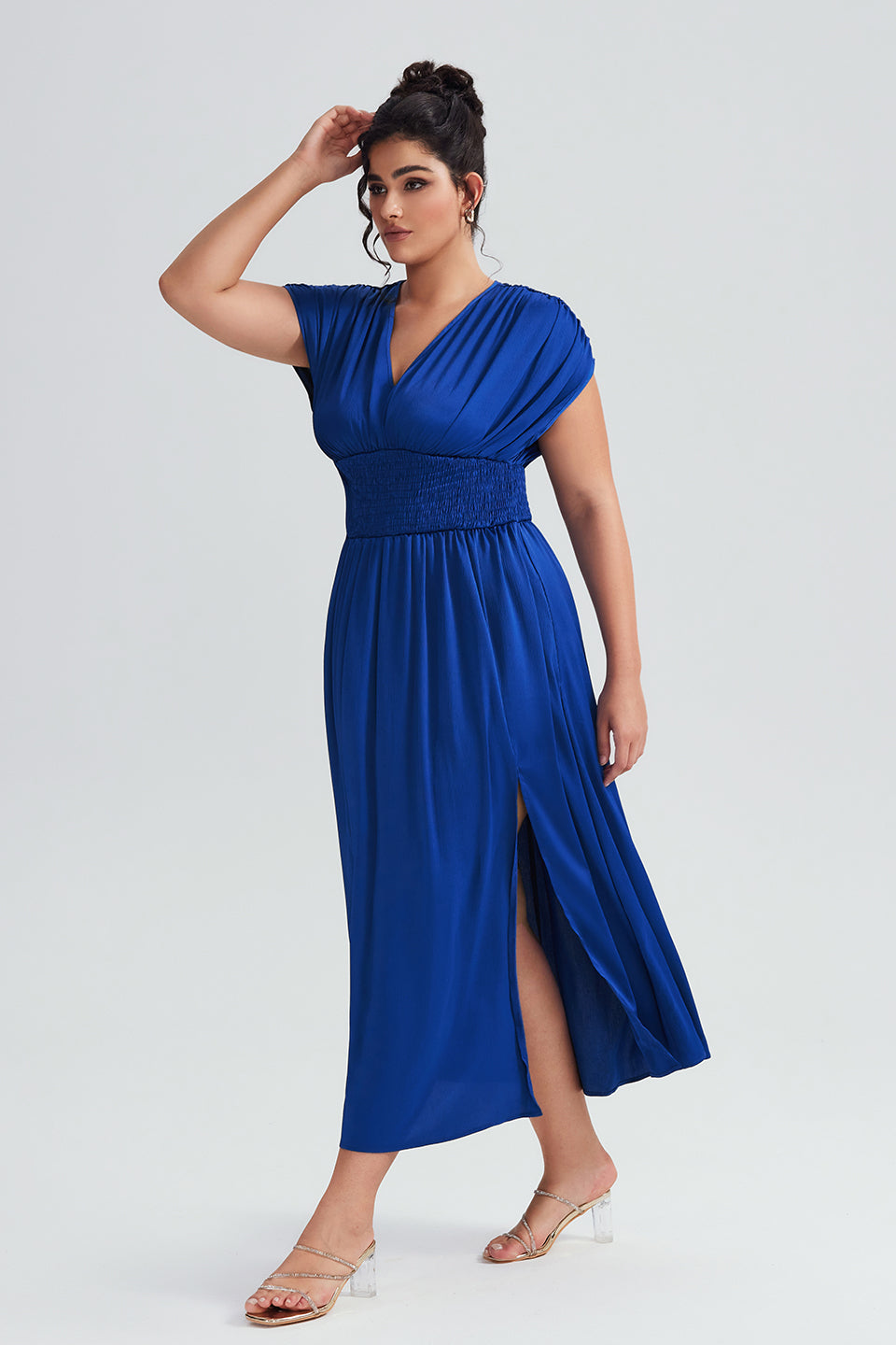 Vanessi Plus Size Elegant Sleeveless Ruffled Shirred Maxi Dress