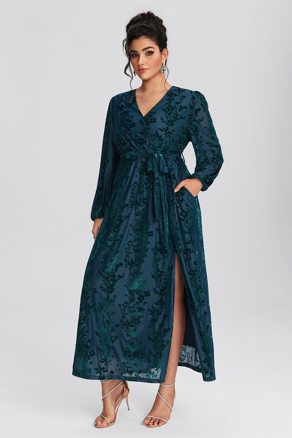 Vanessi Plus Size Floral Print Belted Split Wrap Velvet Maxi Dress