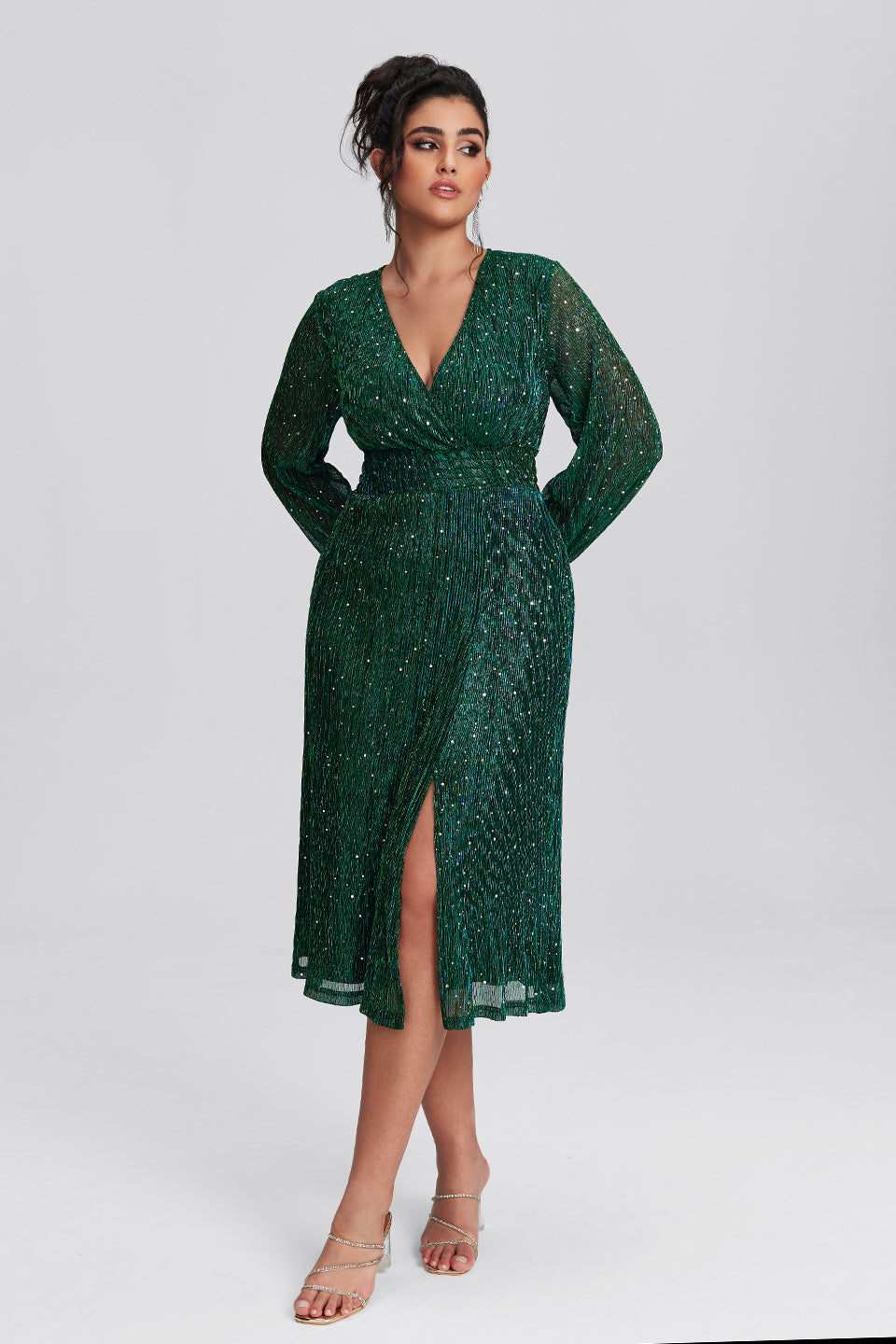 Vanessi  Plus Size Pocket Patchwork Mesh Sequin Slit Midi Dress