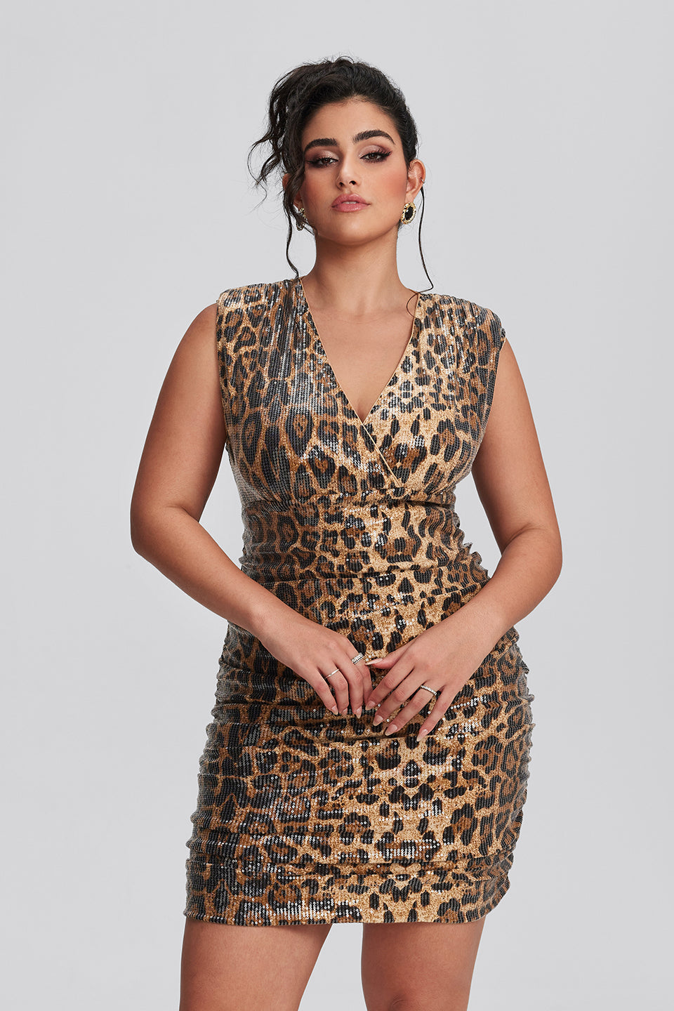 Vanessi Plus Size Leopard V Neck Ruched Sequin Dress