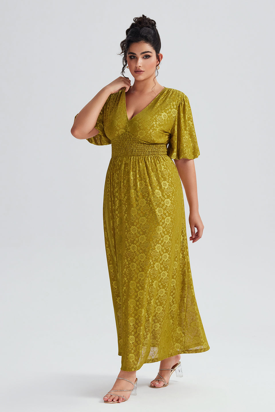 Vanessi Plus Size V-Neck Lace Elastic Waist Floral Maxi Dress