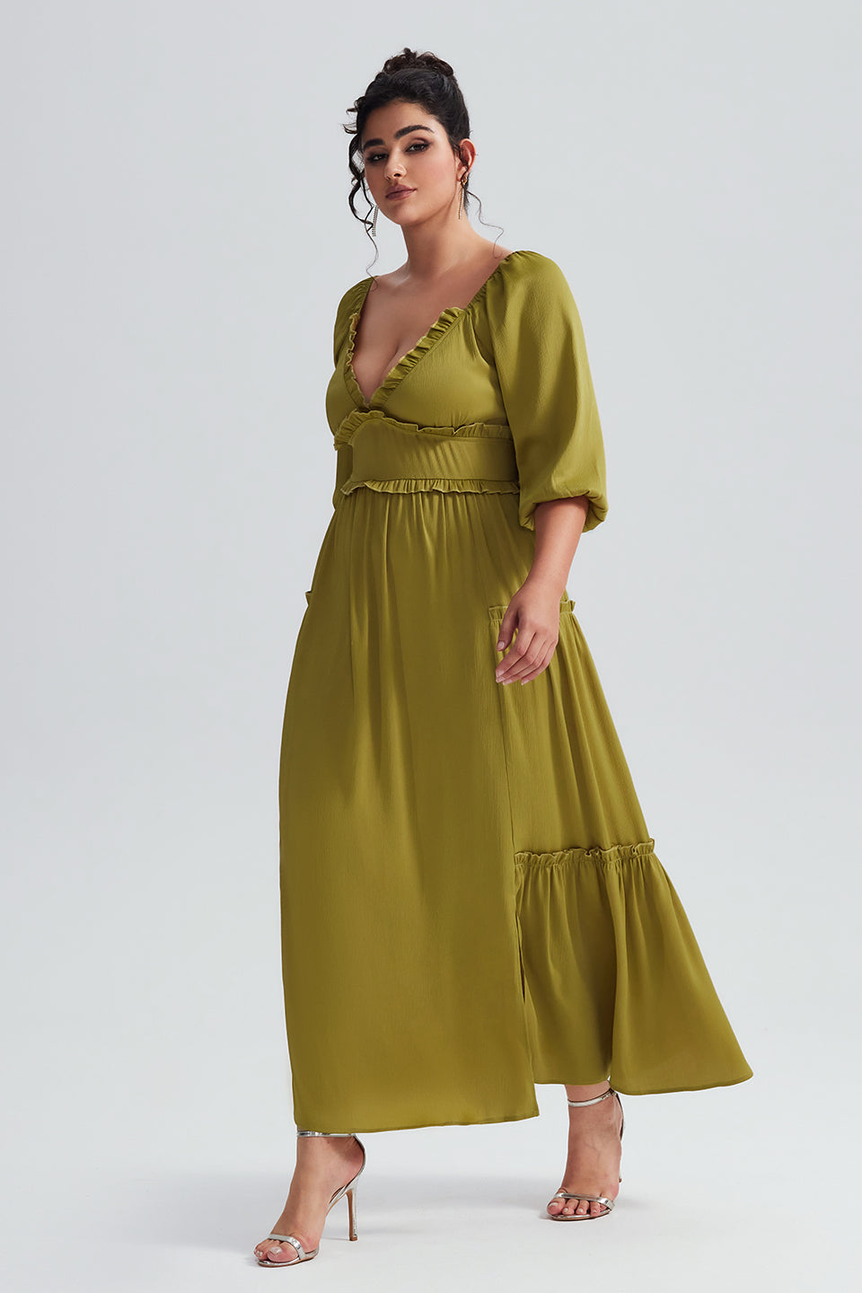 Vanessi Plus Size V-Neck Lantern Sleeve Ruffled Maxi Dress