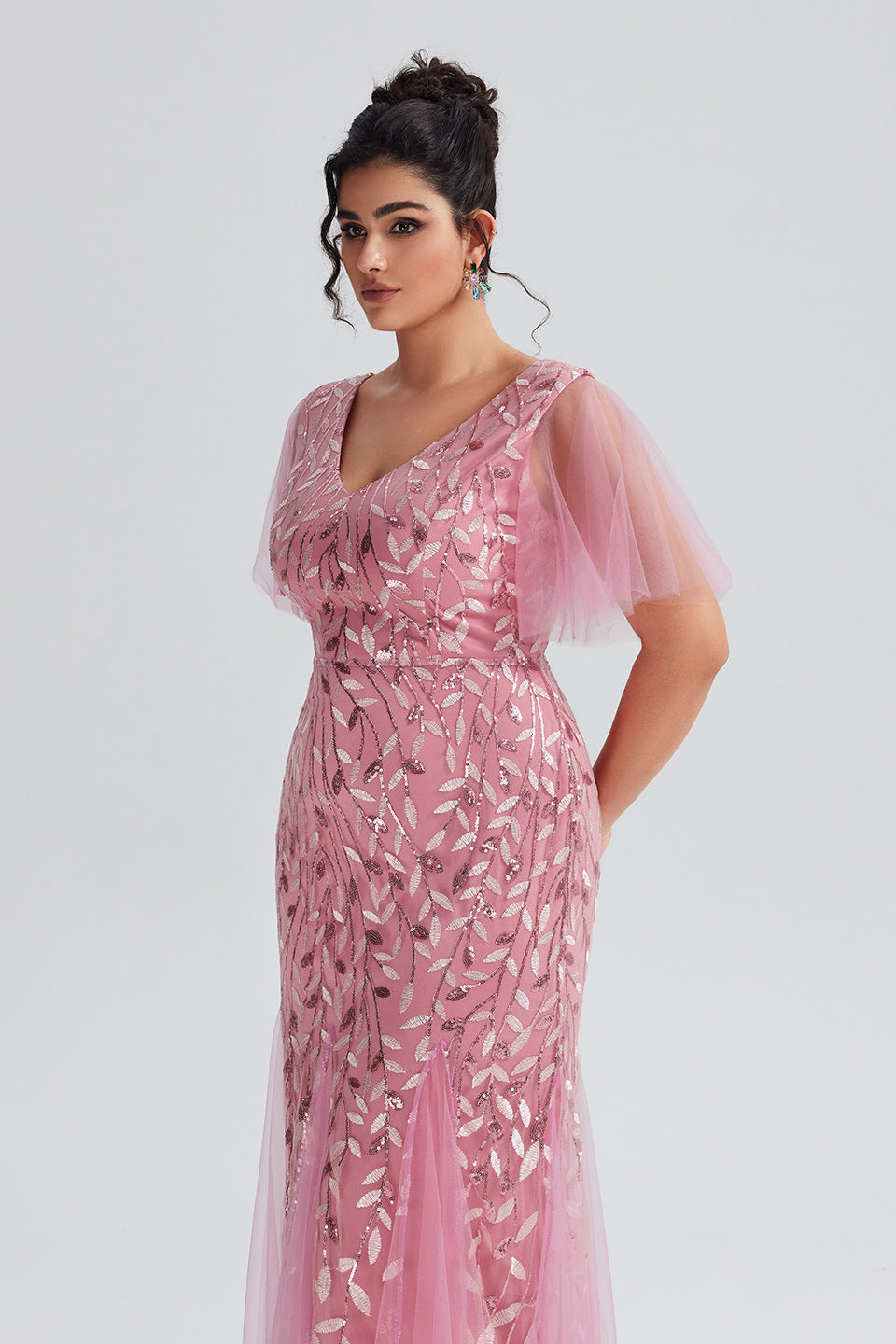 Vanessi Plus Size Elegant Embroidered Flutter Sleeve Sequin Mermaid Dress