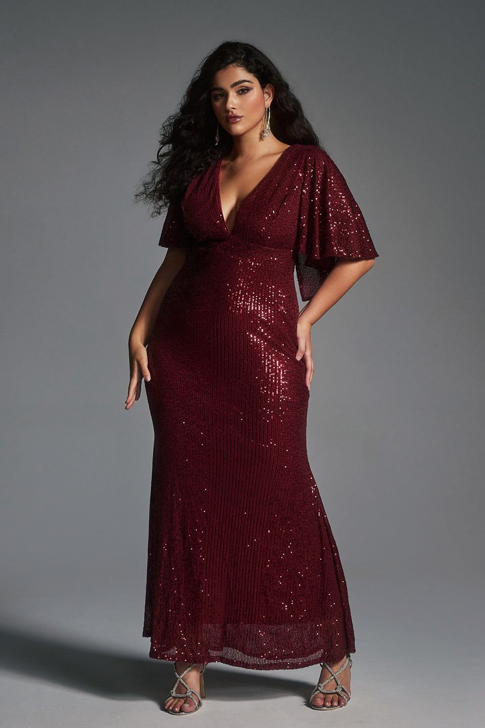 Vanessi Plus Size Batwing Sleeve Sequin Sexy Bodycon Maxi Dress