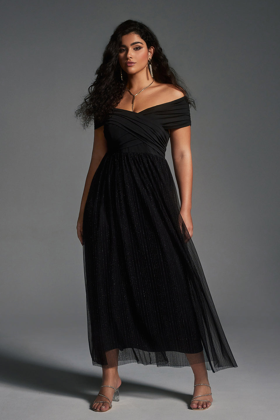 Vanessi Plus Size Patchwork Mesh Off Shoulder Maxi Dress