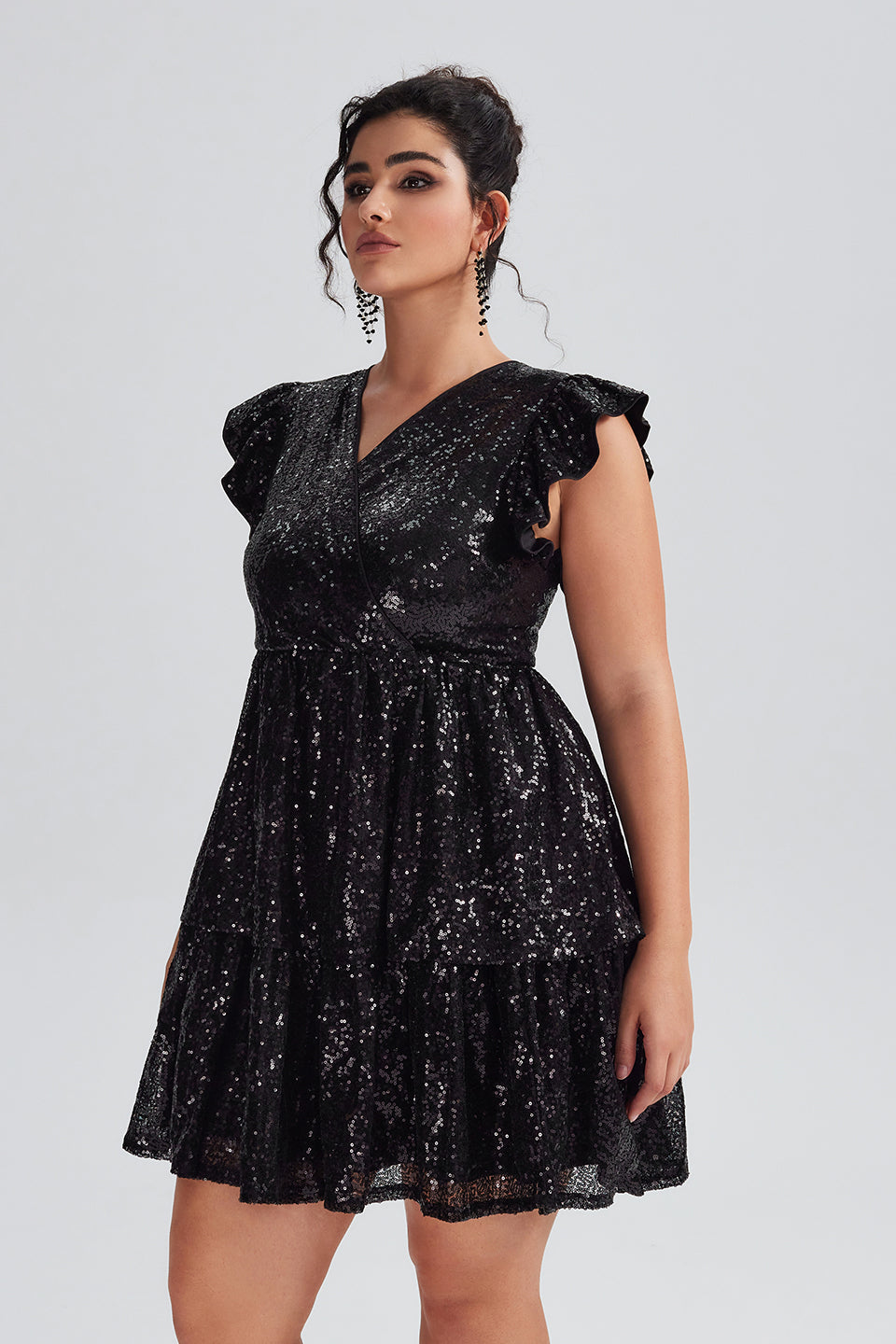 Vanessi Plus Size Flutter Sleeve Patchwork Sequin Dress