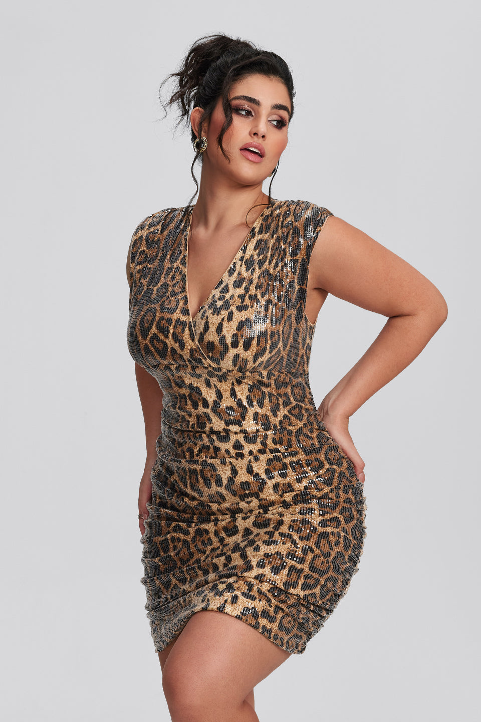 Vanessi Plus Size Leopard V Neck Ruched Sequin Dress