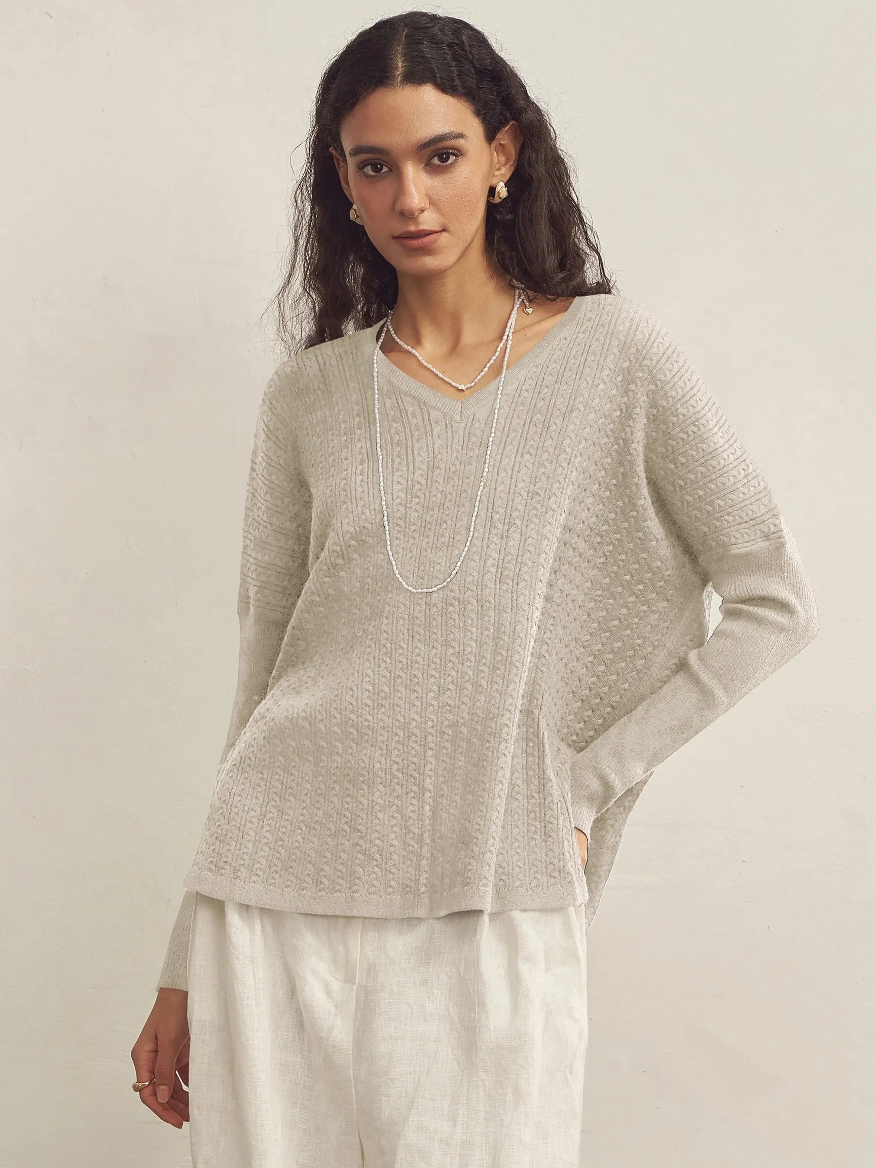 CASHMERE V-NECK ASYMMETRICAL DECONSTRUCTED KNITTED TEXTURED DESIGNER SWEATER