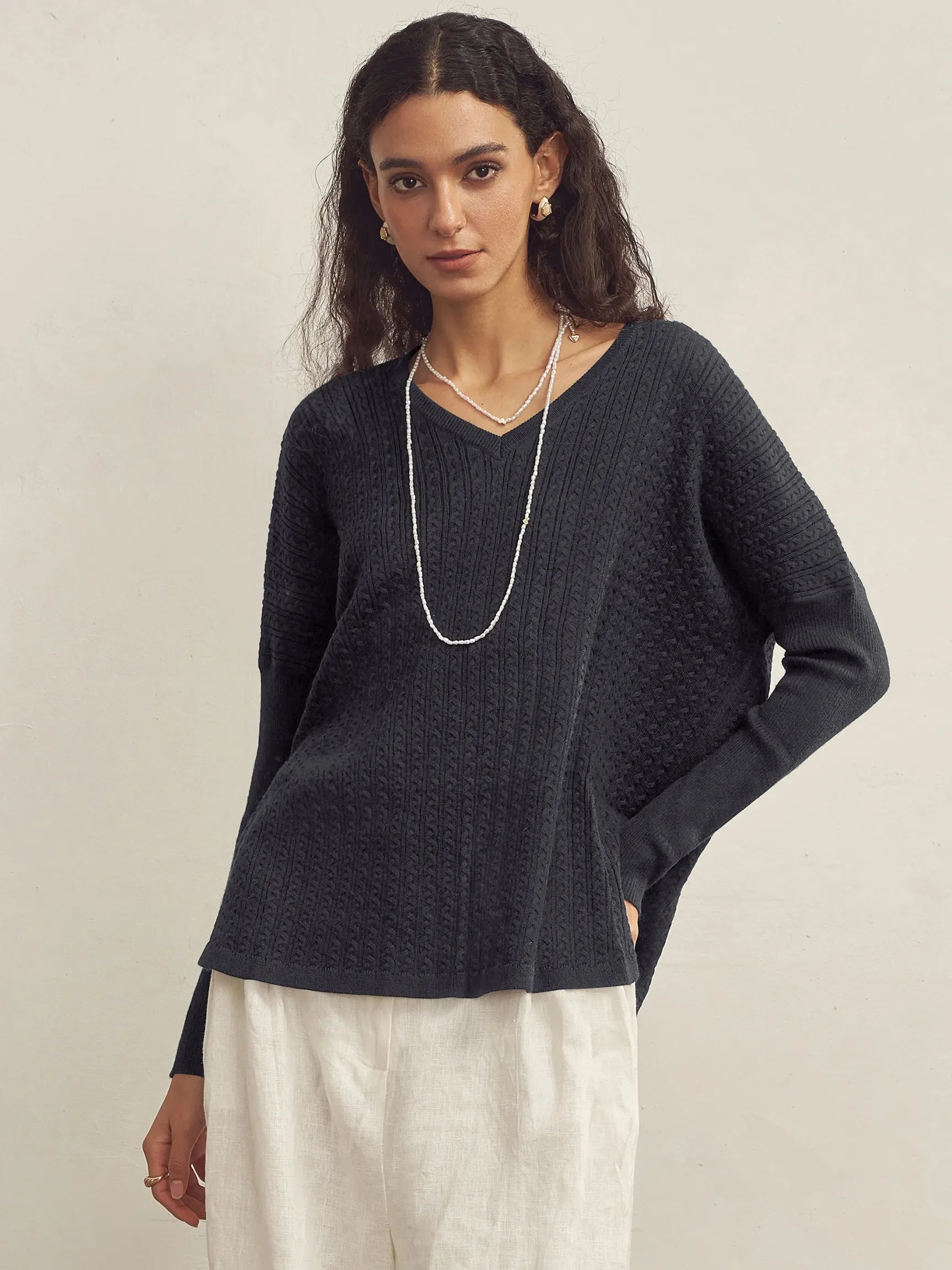 CASHMERE V-NECK ASYMMETRICAL DECONSTRUCTED KNITTED TEXTURED DESIGNER SWEATER