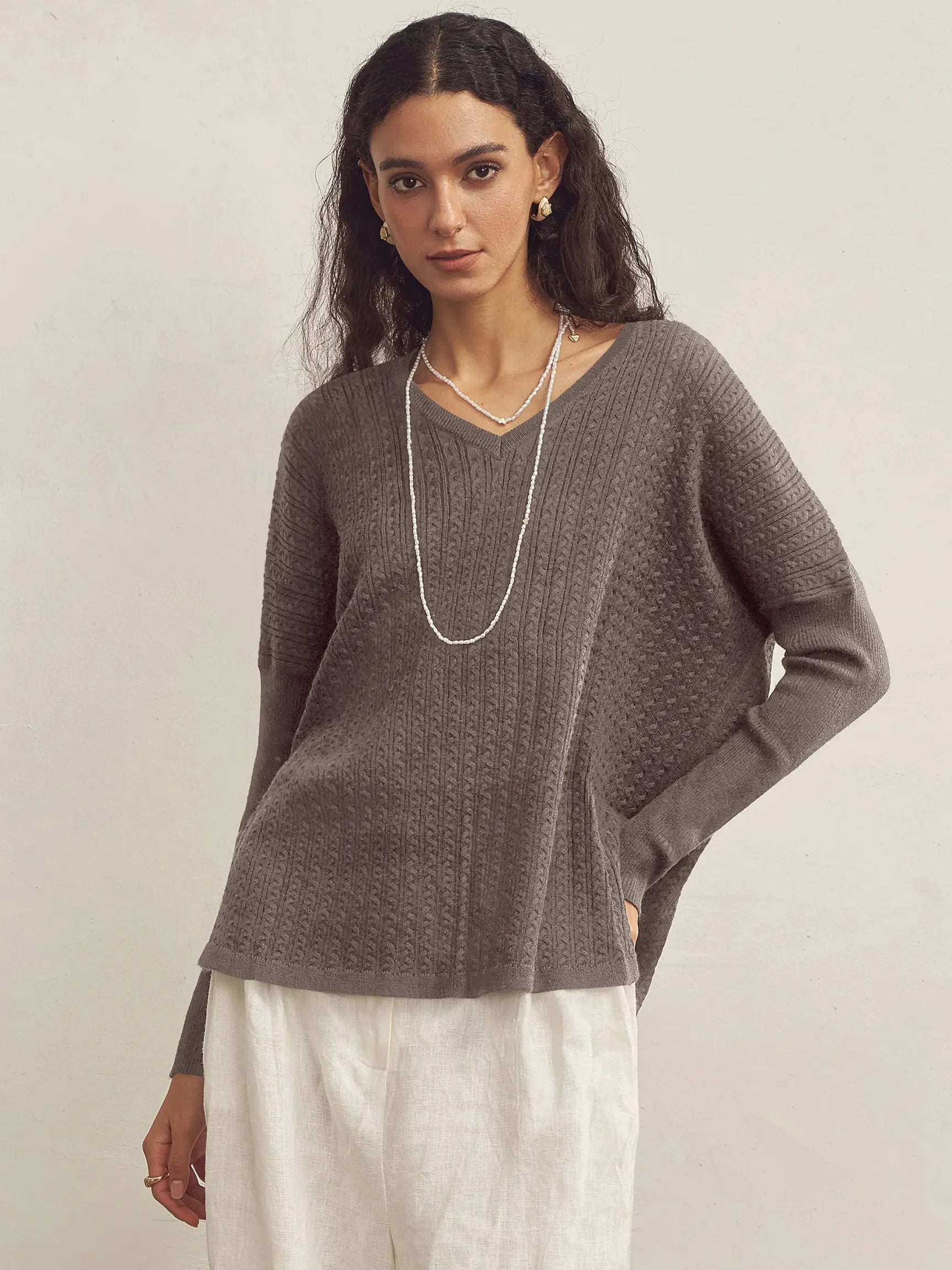 CASHMERE V-NECK ASYMMETRICAL DECONSTRUCTED KNITTED TEXTURED DESIGNER SWEATER