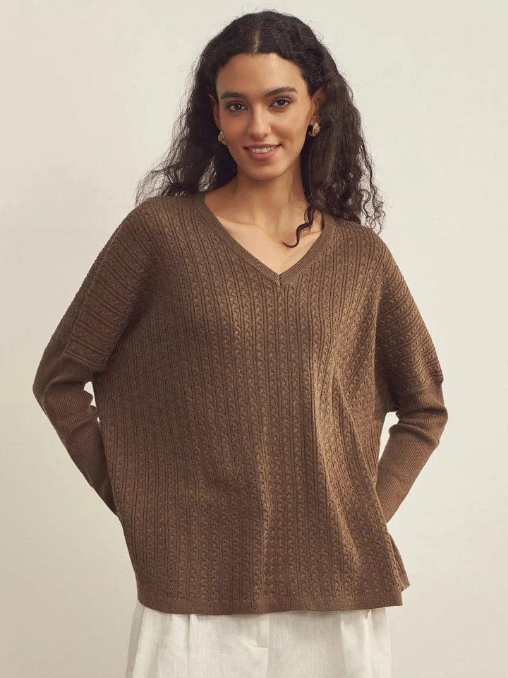 CASHMERE V-NECK ASYMMETRICAL DECONSTRUCTED KNITTED TEXTURED DESIGNER SWEATER