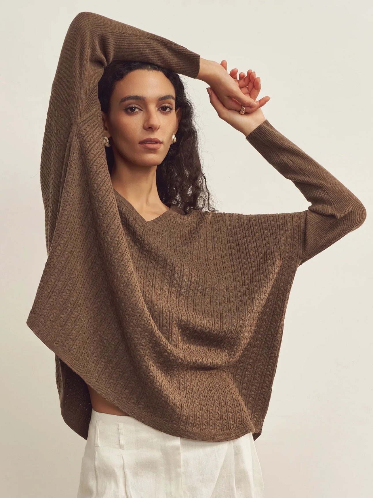 CASHMERE V-NECK ASYMMETRICAL DECONSTRUCTED KNITTED TEXTURED DESIGNER SWEATER