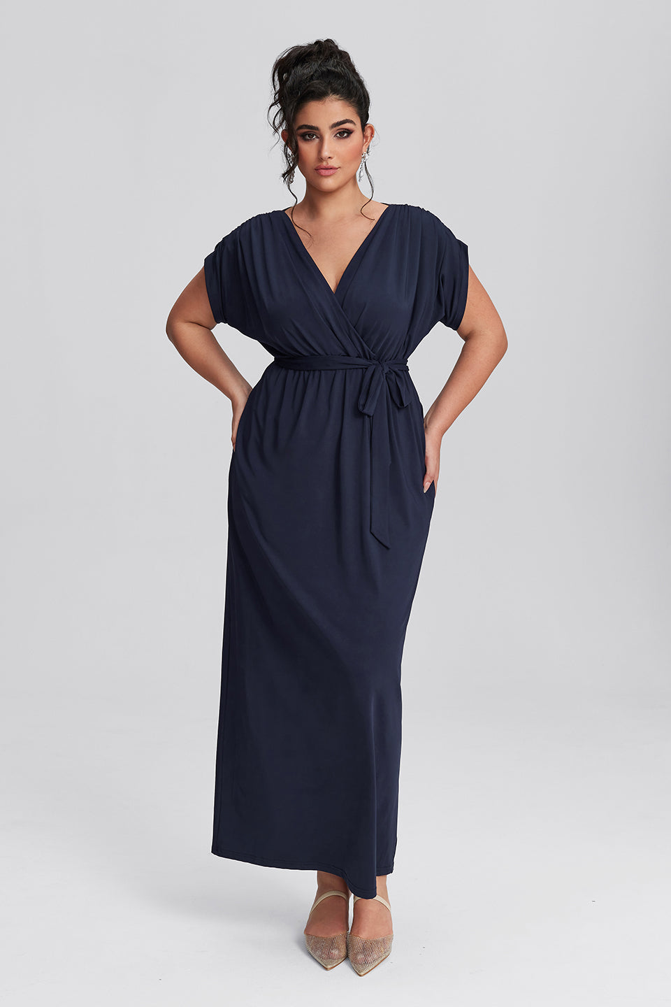 Vanessi Plus Size Elastic Waist Shirred V-Neck Wrap Maxi Dress