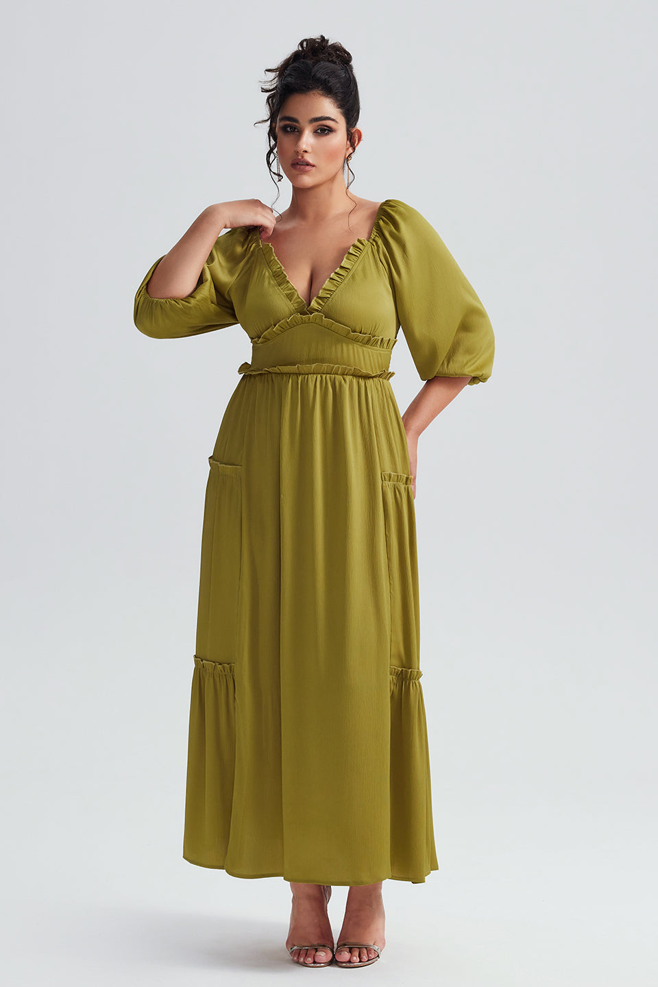 Vanessi Plus Size V-Neck Lantern Sleeve Ruffled Maxi Dress