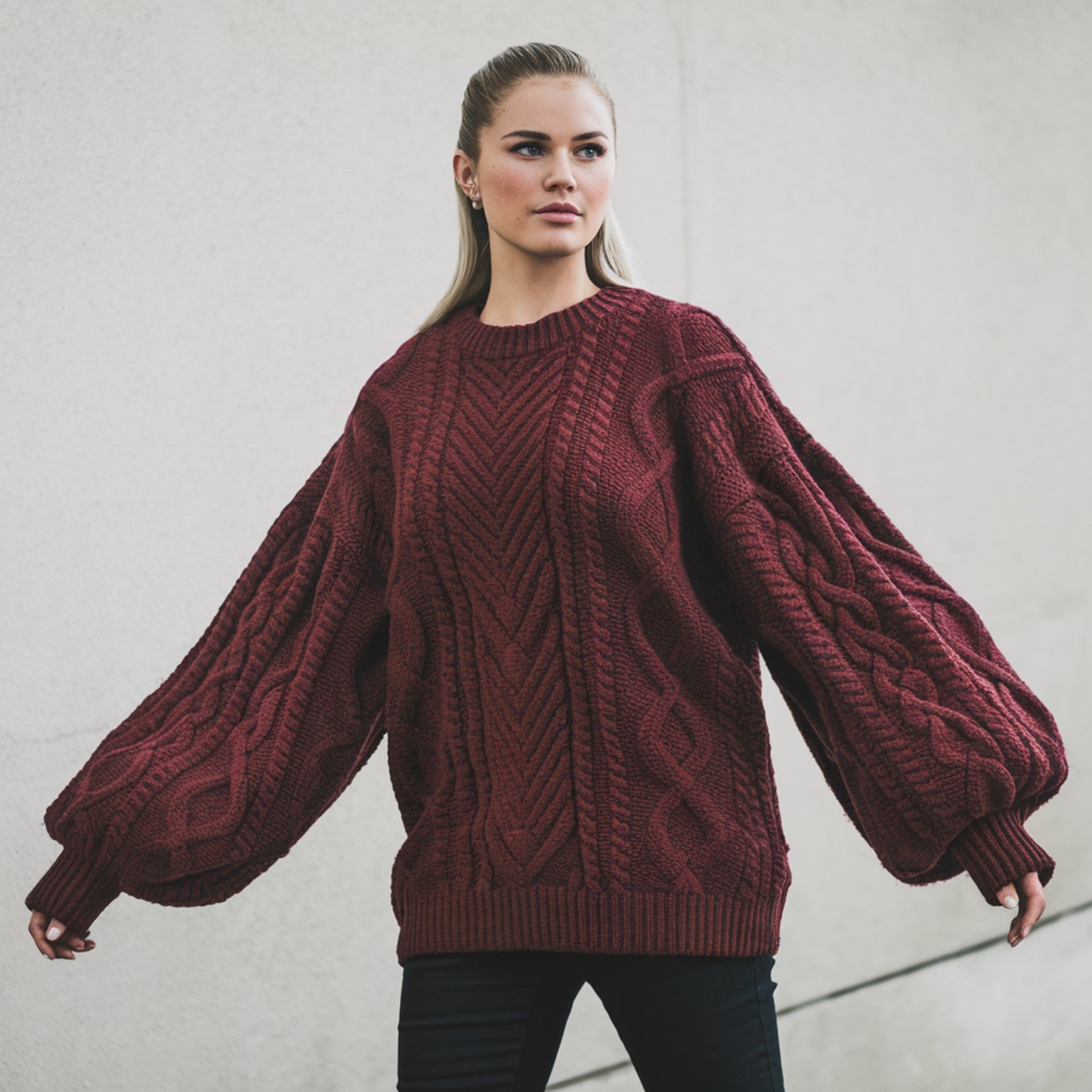 CABLE KNIT SWEATER WITH BALLOON SLEEVES