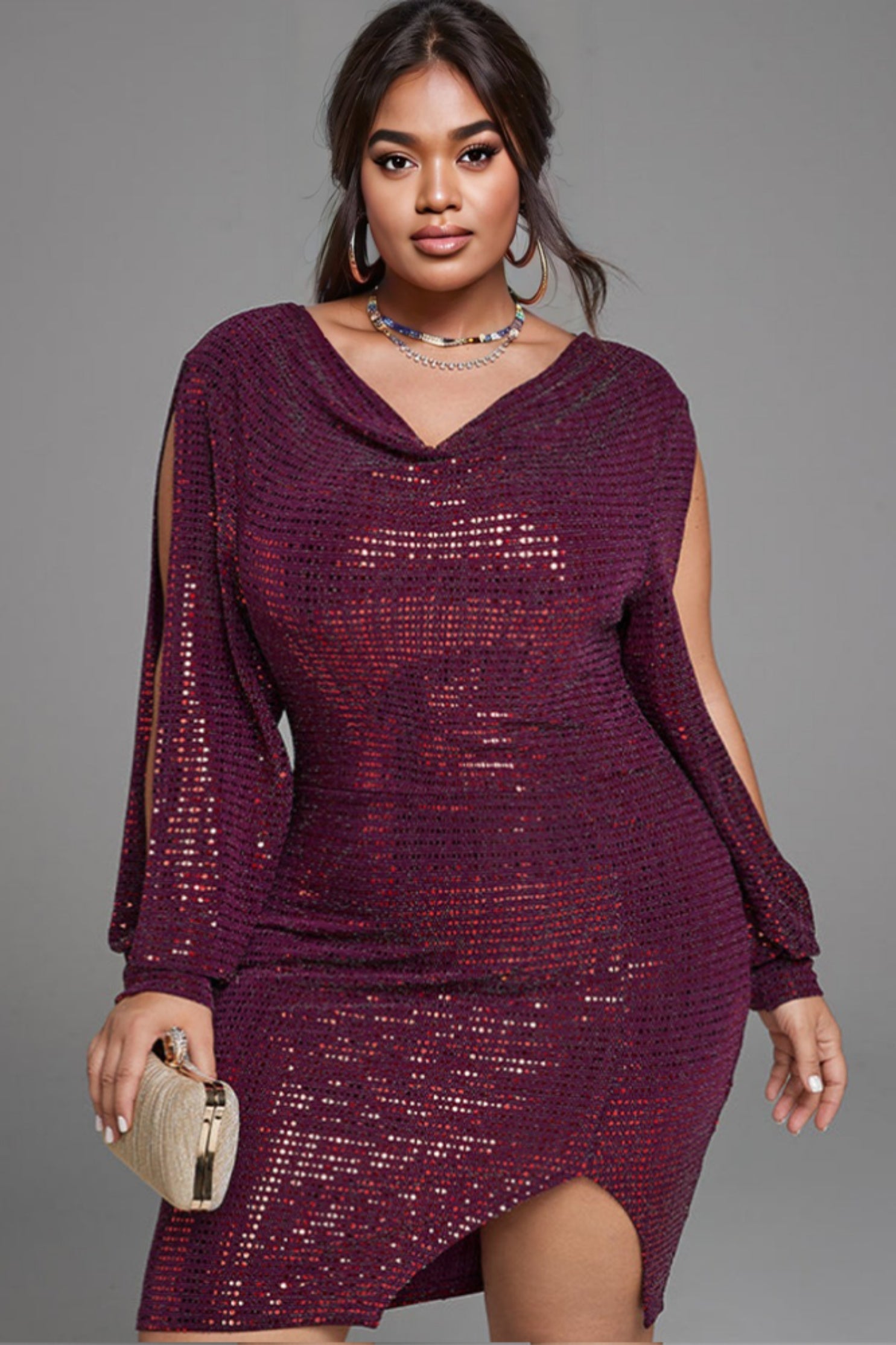 Vanessi Plus Size Draped Collar Split Sleeve Sequin Dress